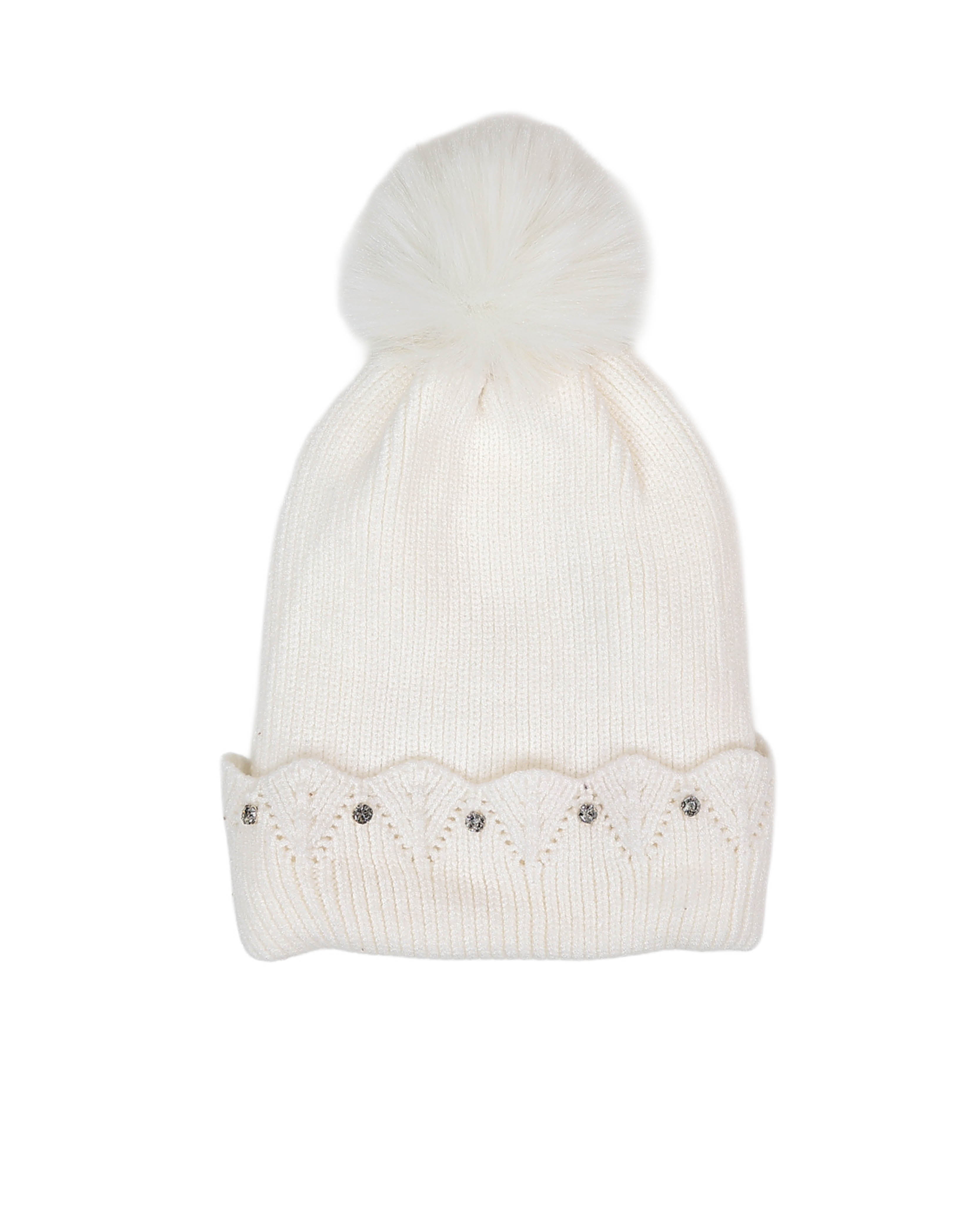 White Diamante Trim Pompom Beanie