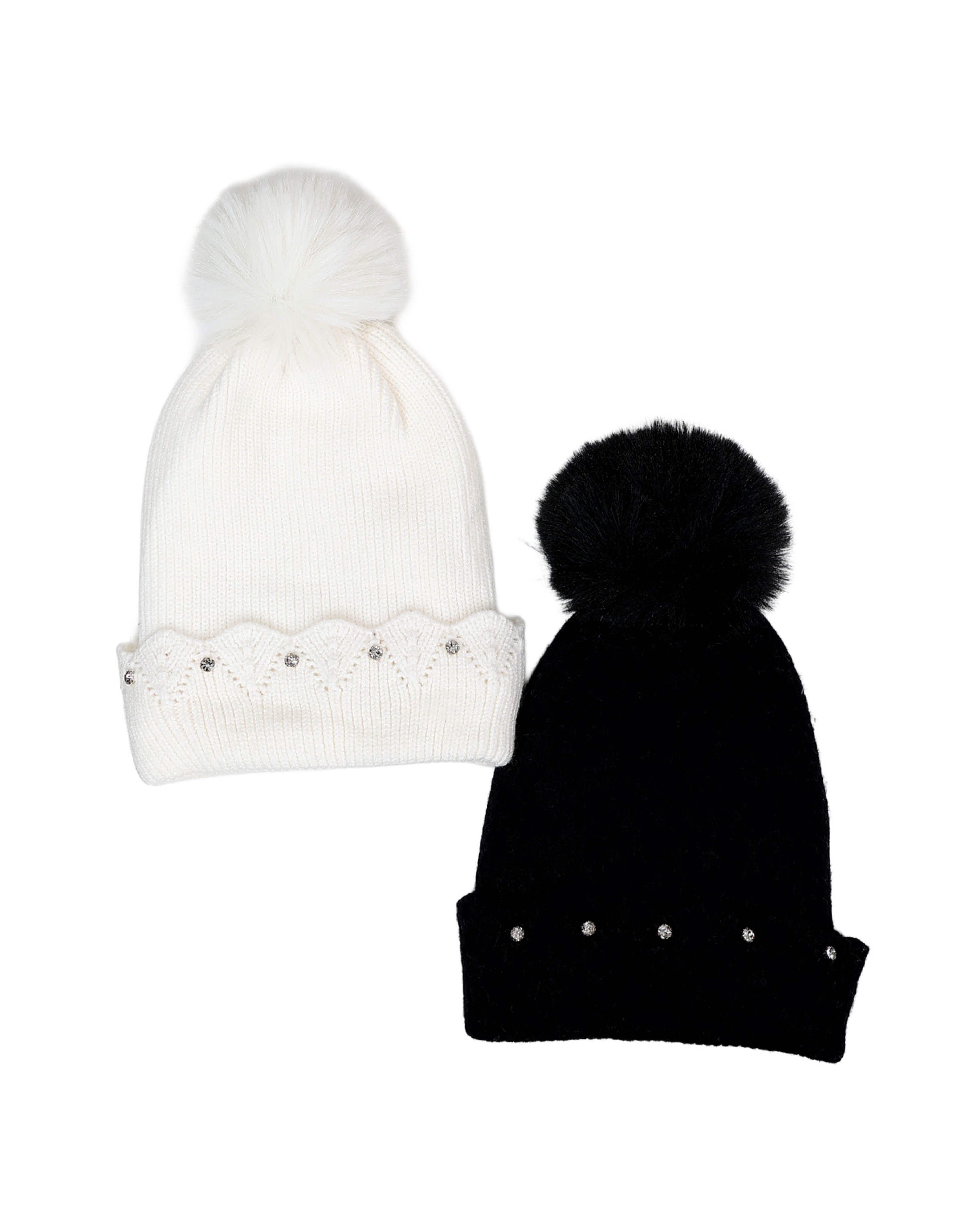 White Diamante Trim Pompom Beanie