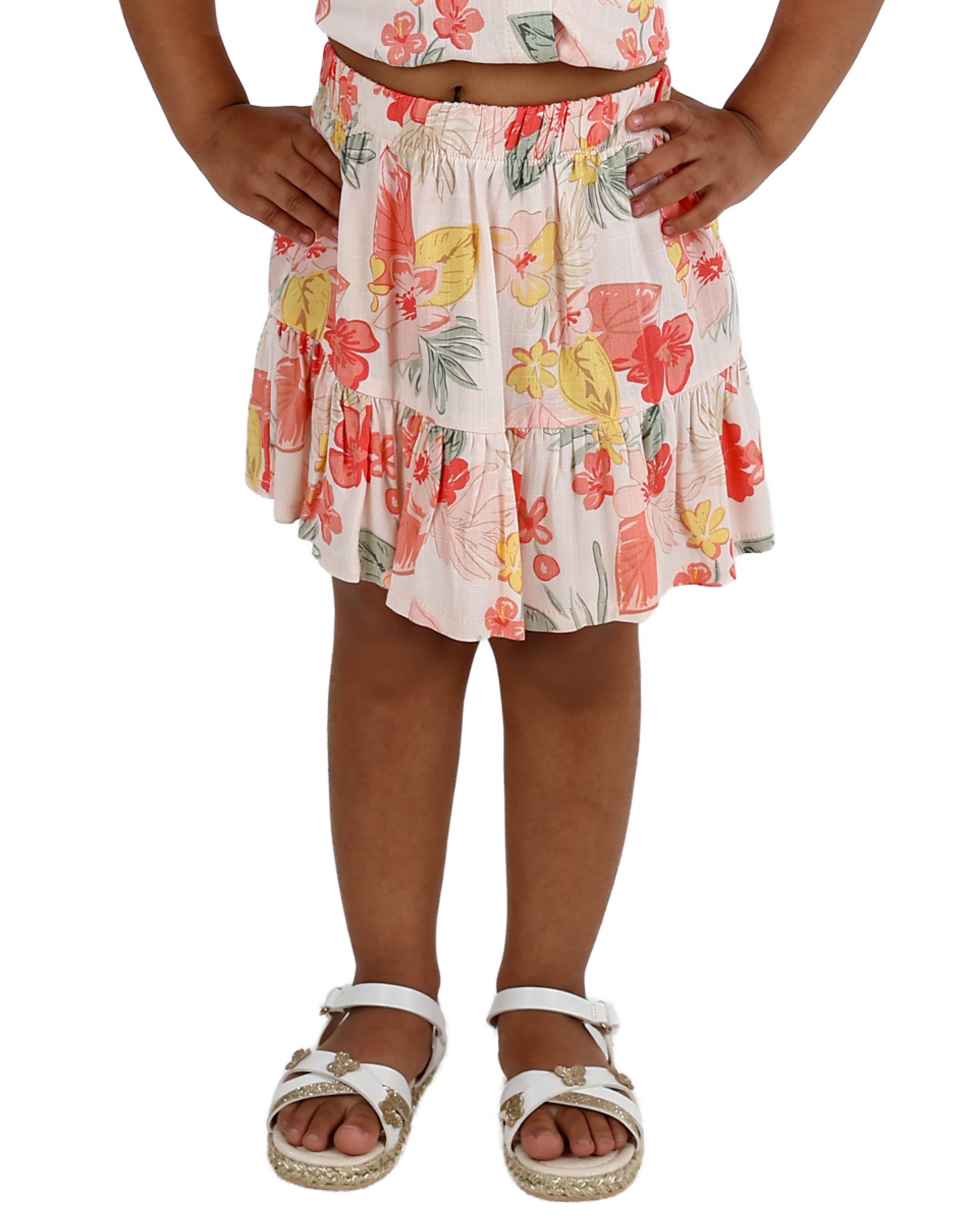 Peach Floral Print Tiered Skirt