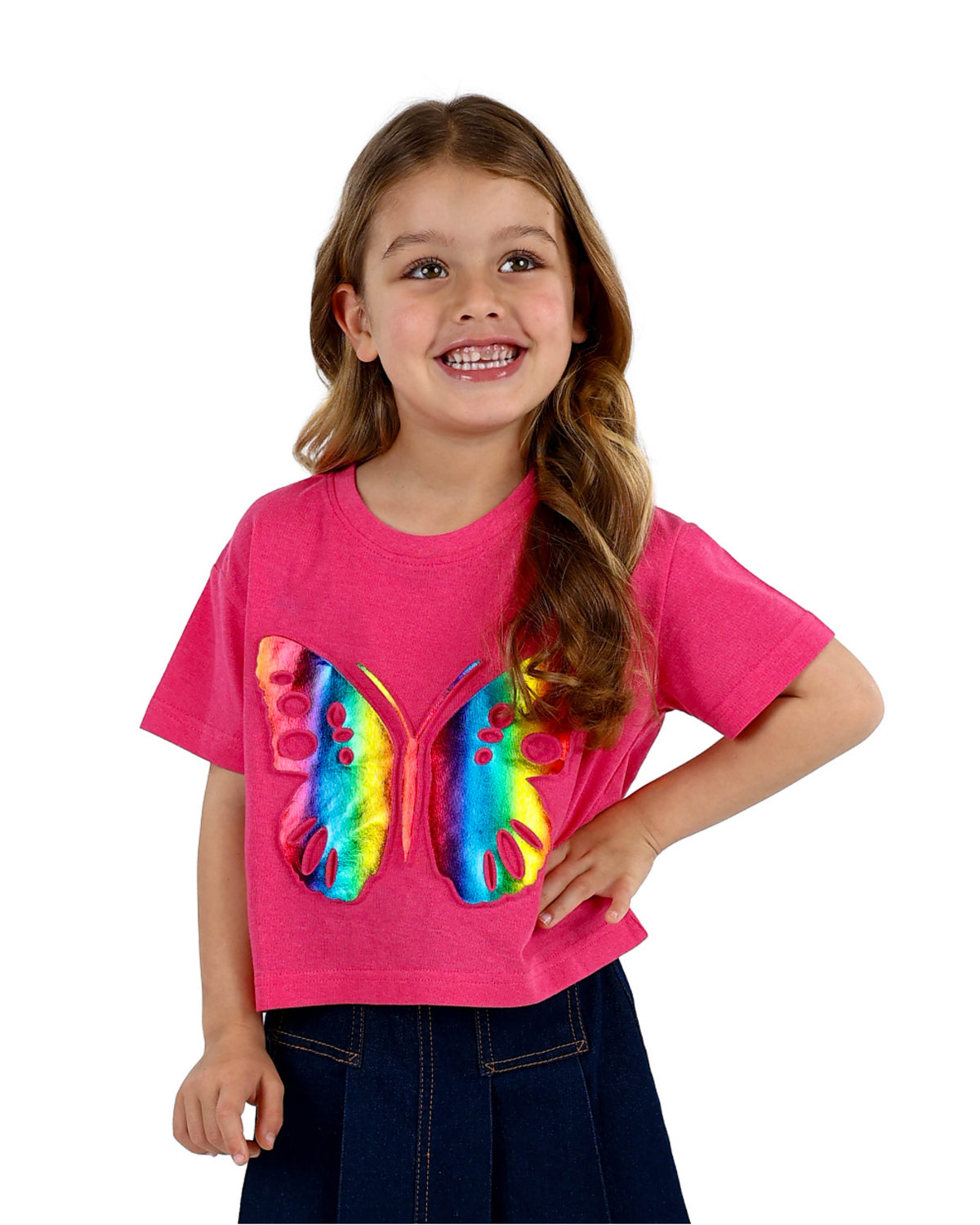 Short Sleeve Rainbow Foil Embossed Butterfly T-Shirt