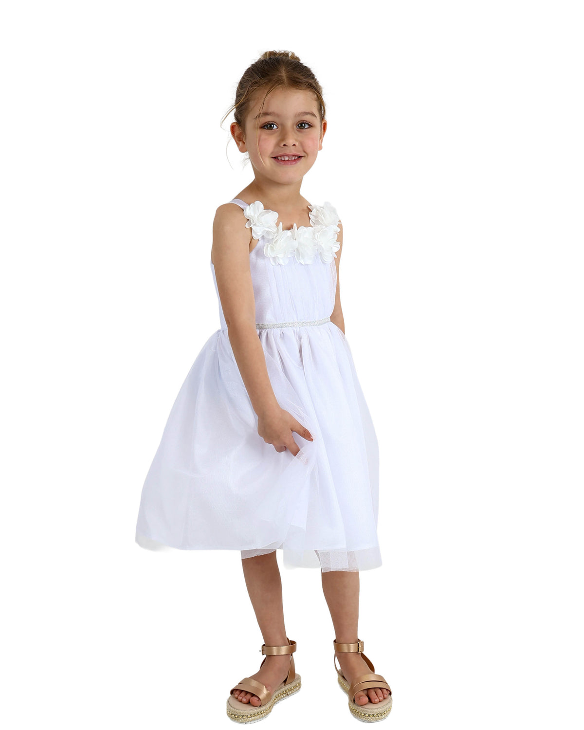 Sleeveless White Rose Detail Party Dress