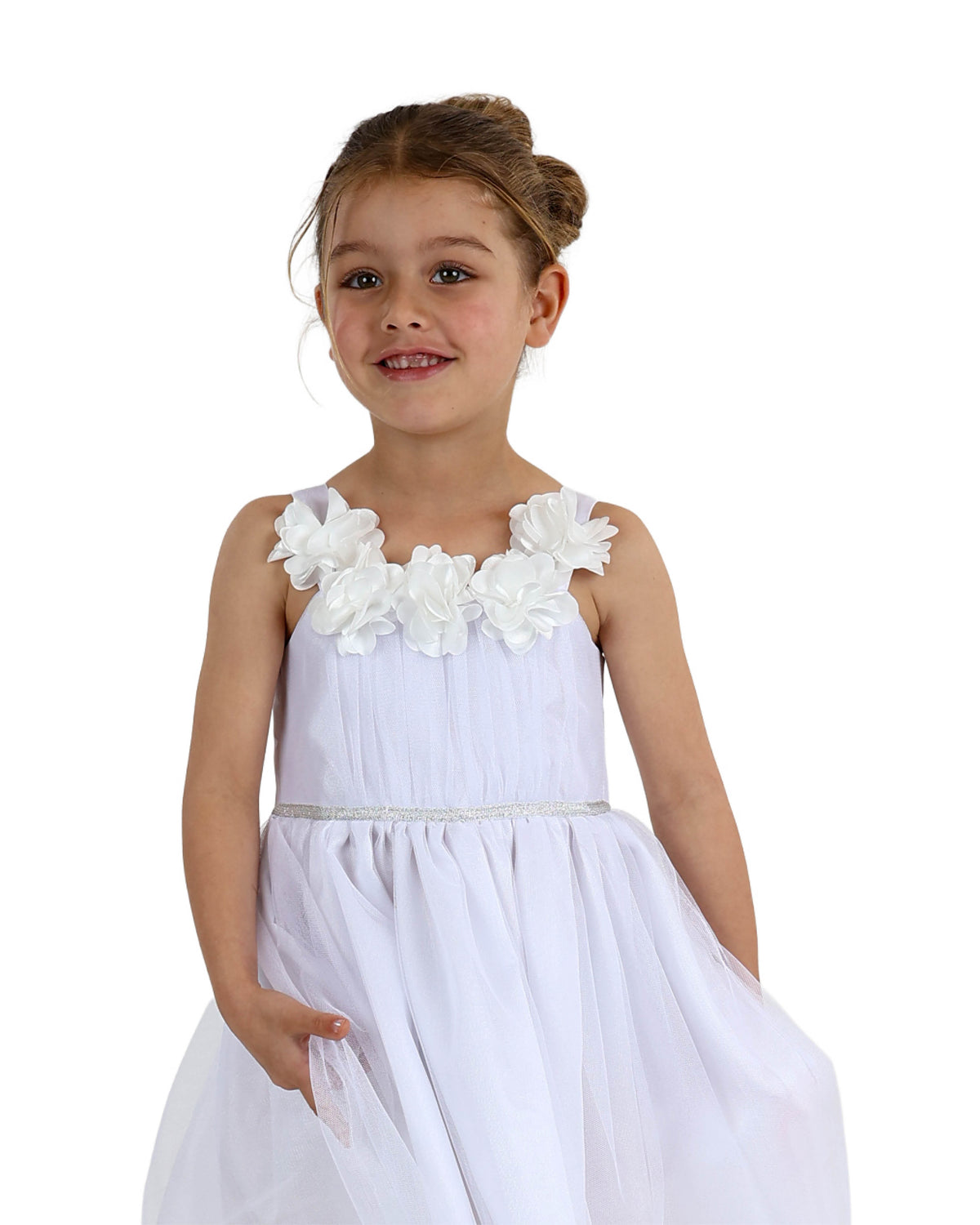 Sleeveless White Rose Detail Party Dress