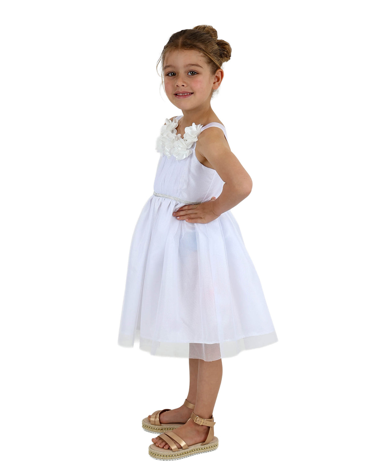 Sleeveless White Rose Detail Party Dress