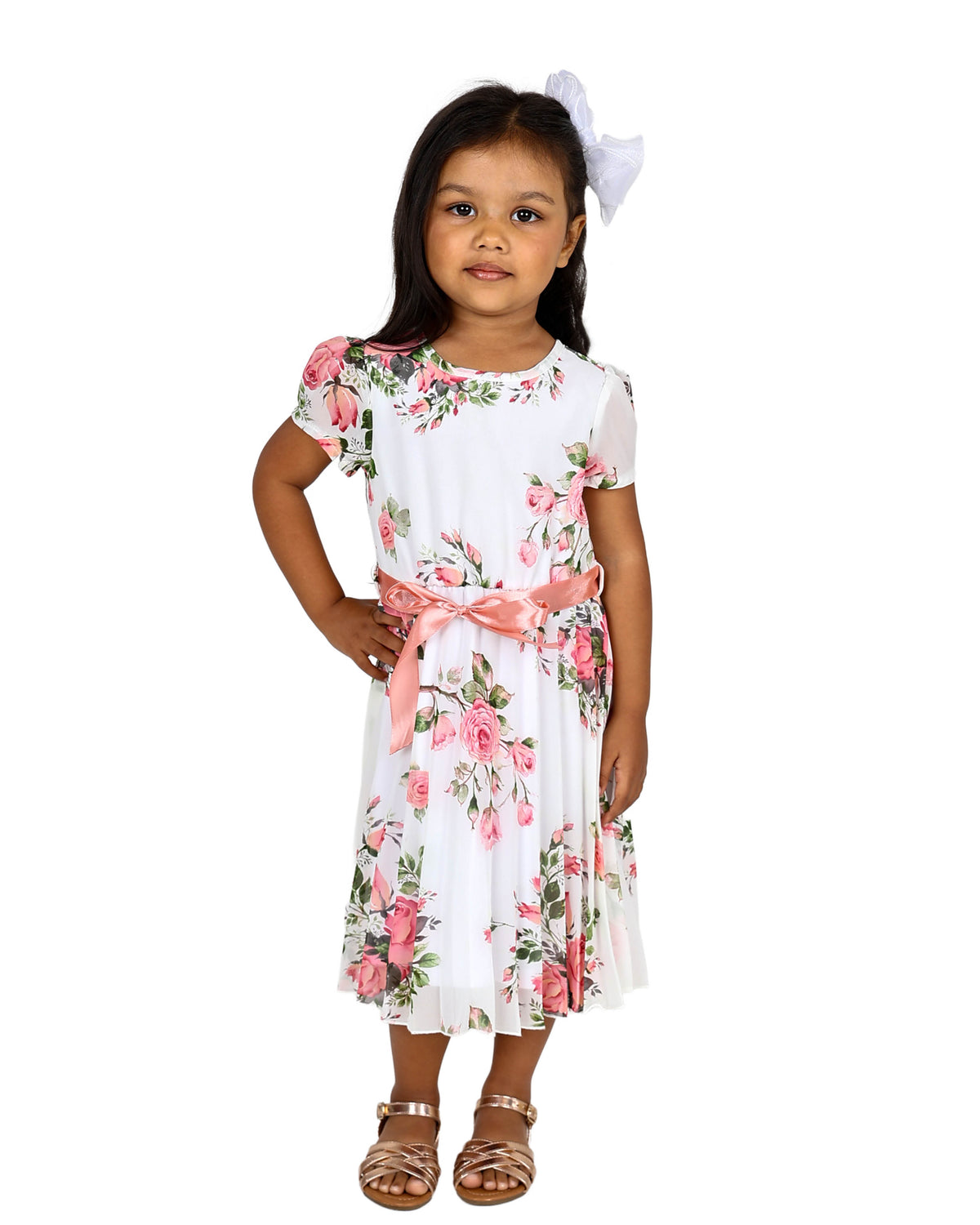 Short Sleeve Floral Print Pleated Part Dress