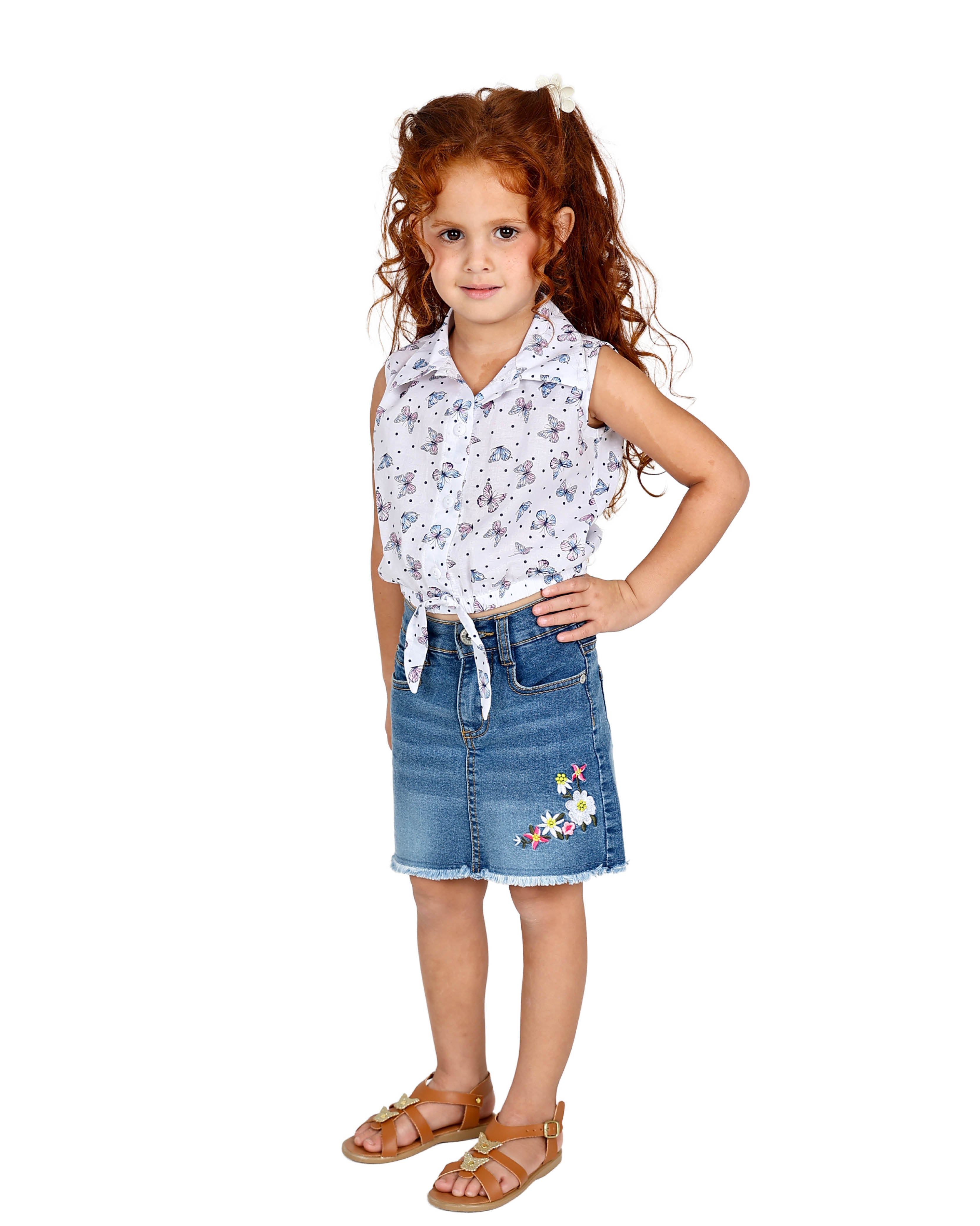Sleeveless Butterfly Print Cropped Shirt