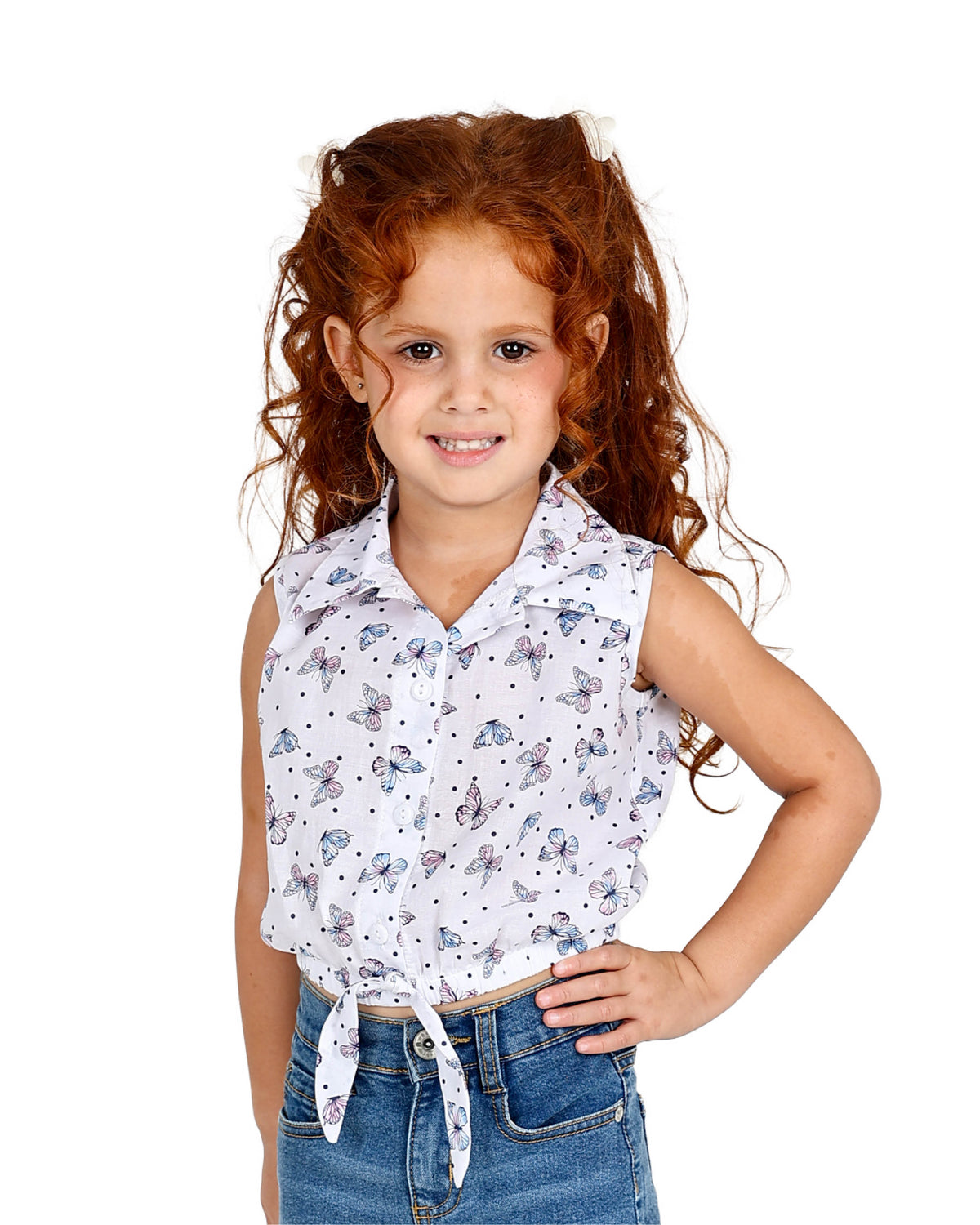 Sleeveless Butterfly Print Cropped Shirt