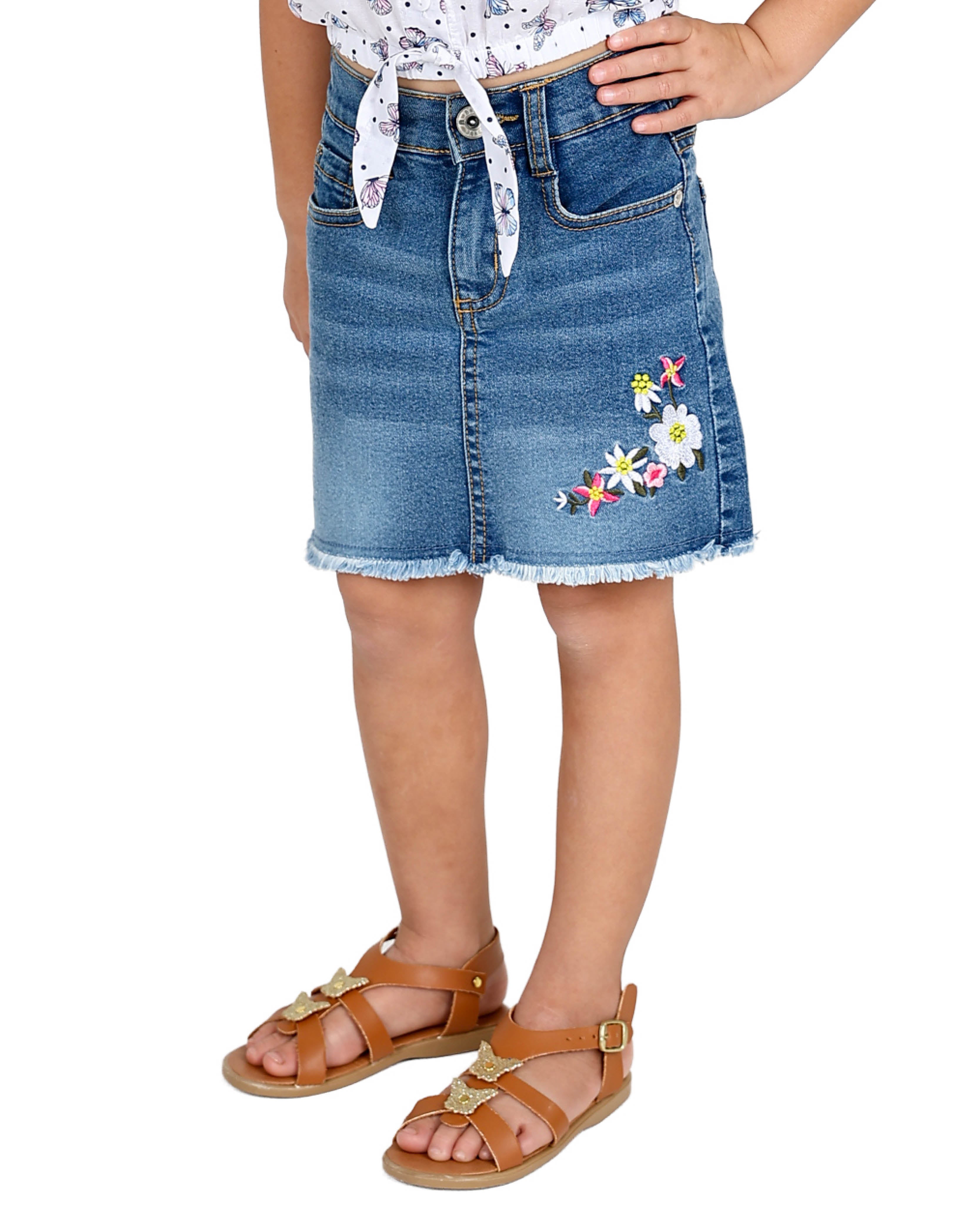 Medium Indigo Floral Embroidered Denim Skirt