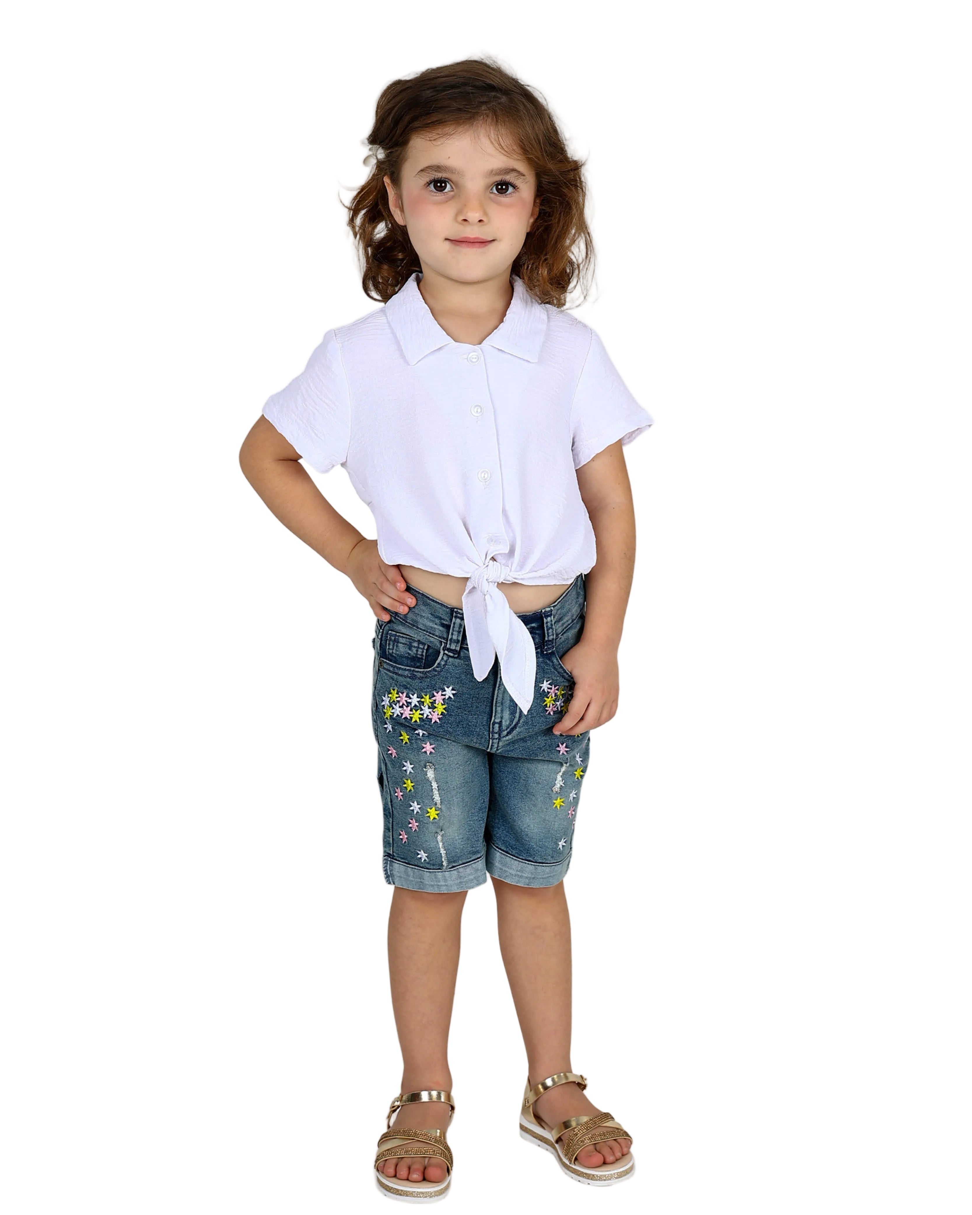 Floral Embroidered Medium Indigo Denim Shorts