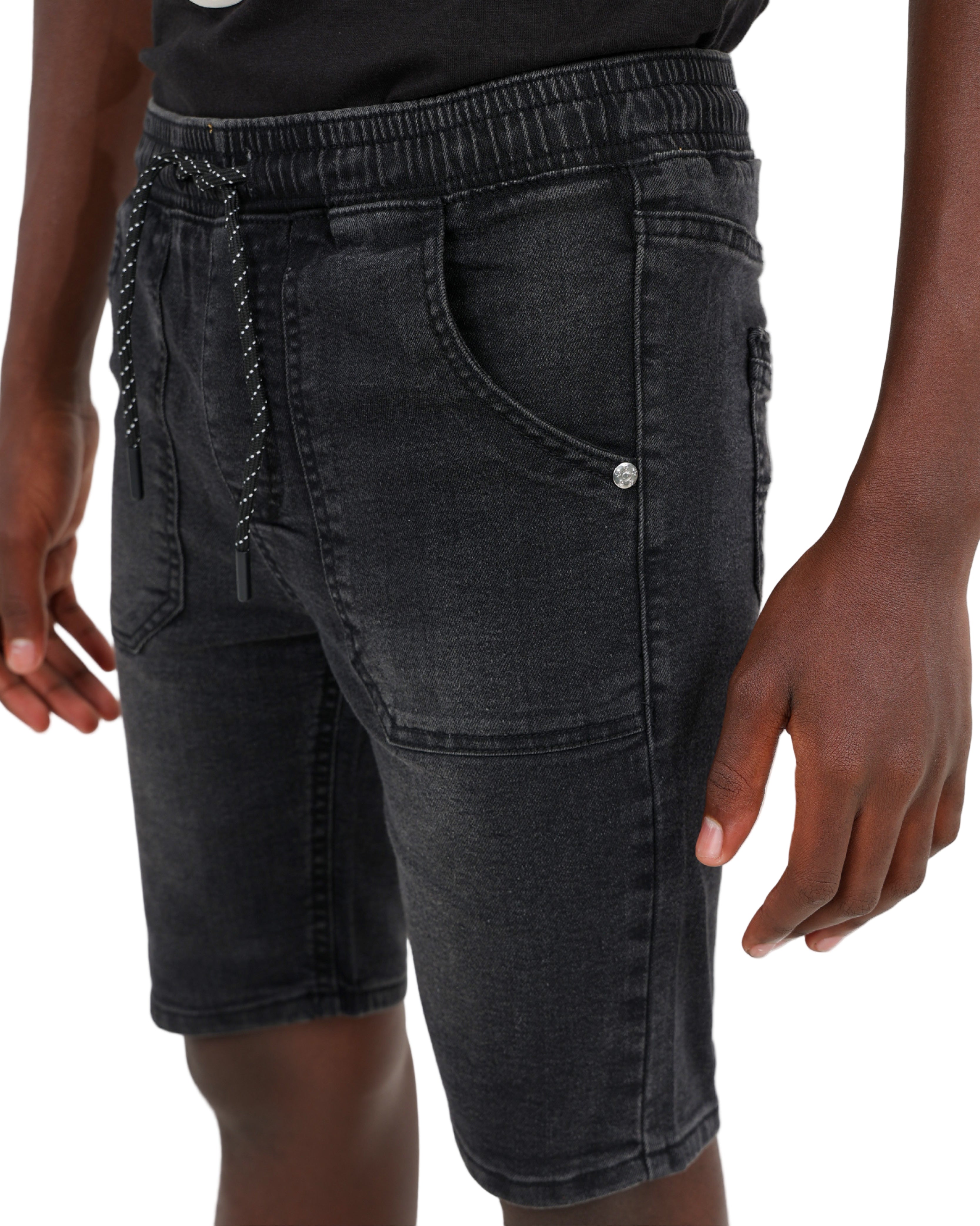 Black Elasticated Waist Denim Shorts
