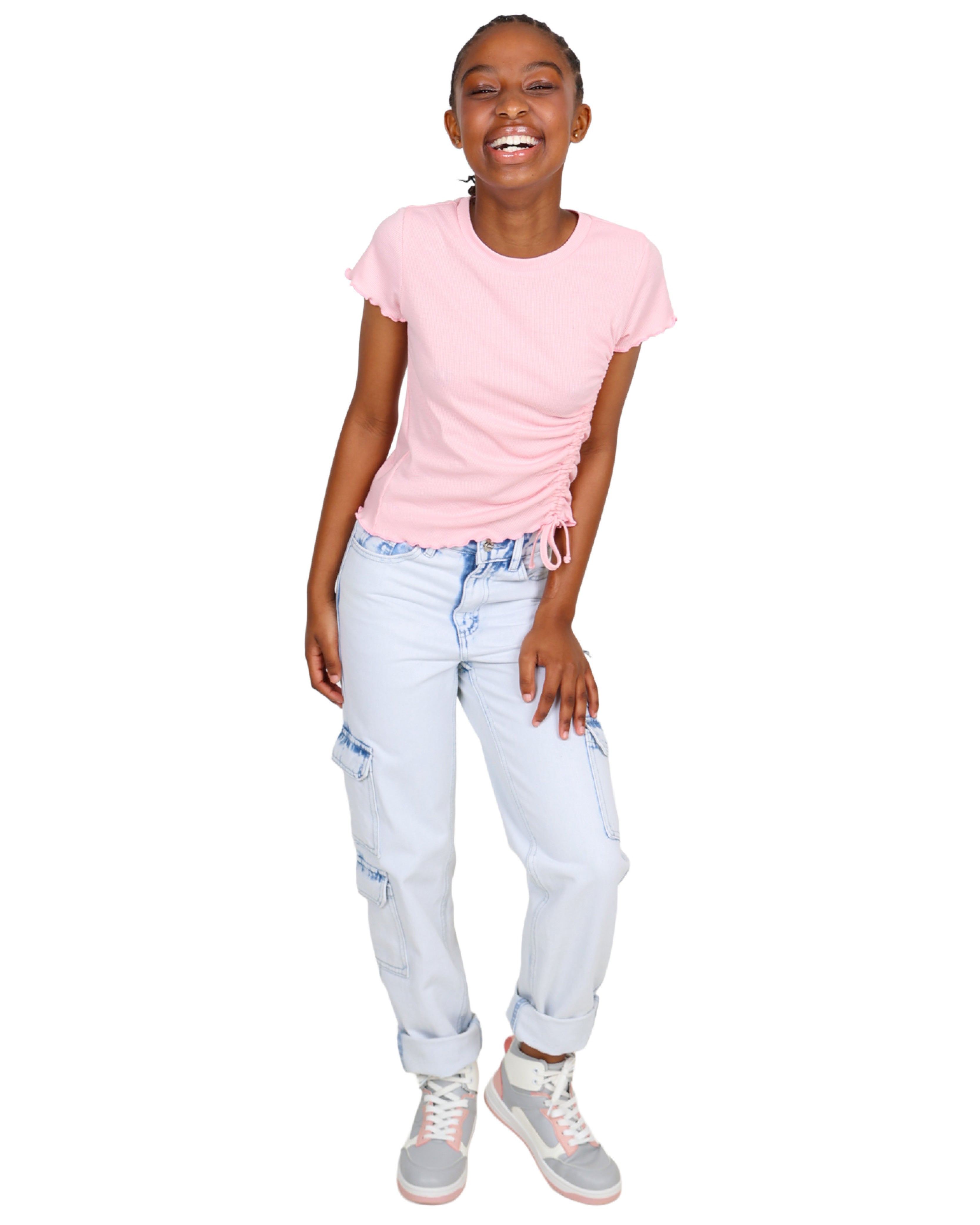 Pink Side Ruched Curved Short Sleeve Top