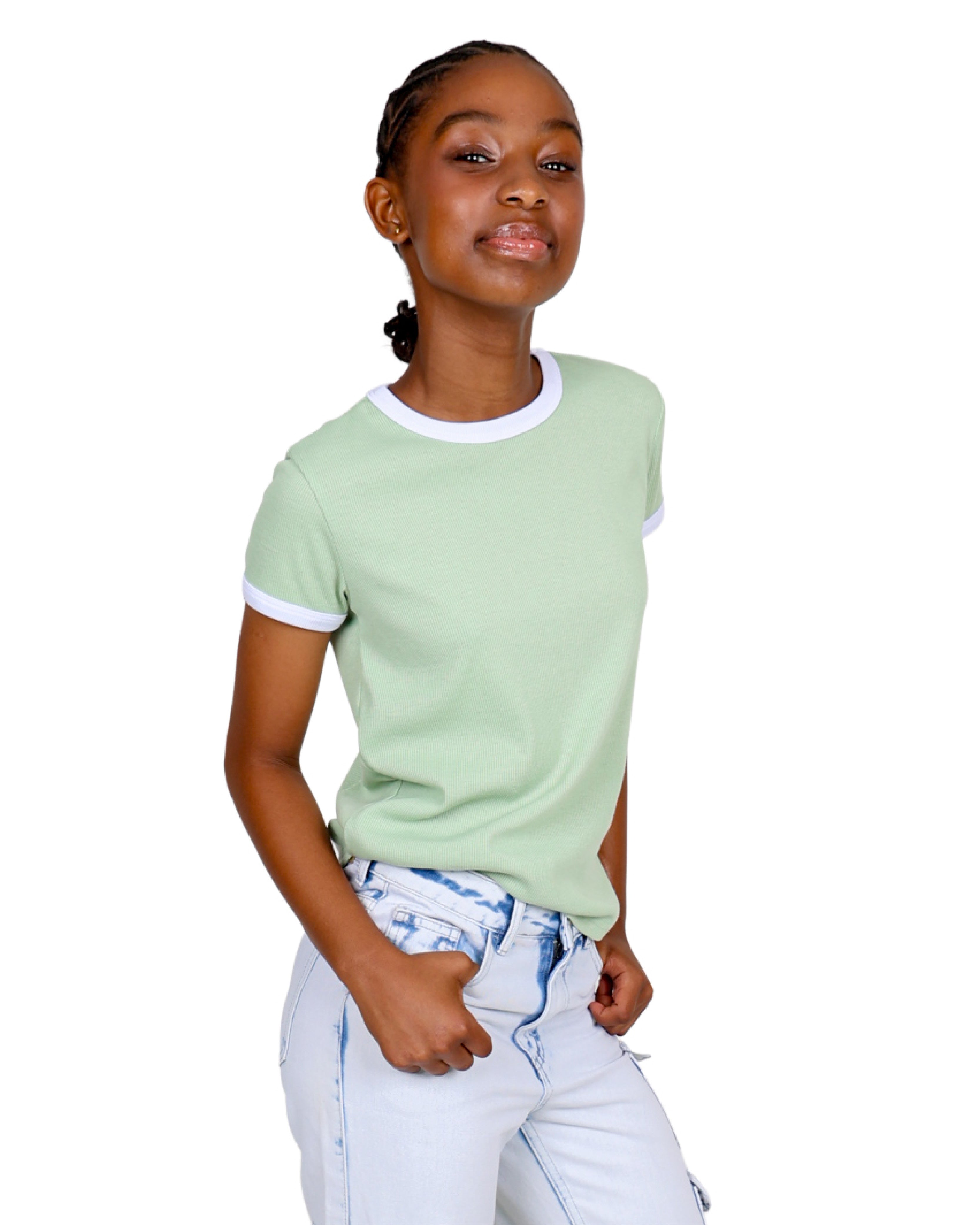 Sage Short Sleeve Contrast Ribbed T-Shirt