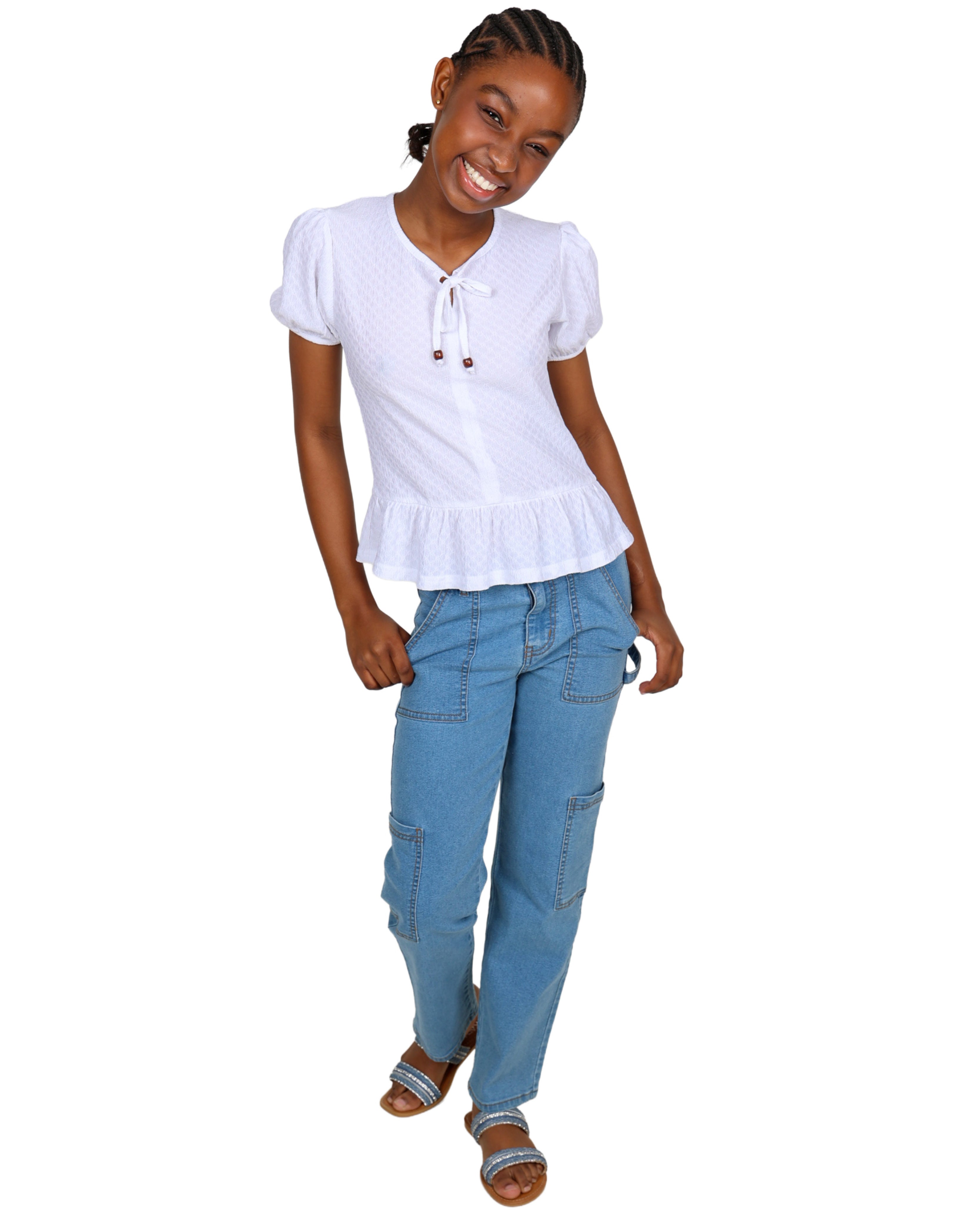 Short Sleeve Toggle Tie Detail Peplum Blouse