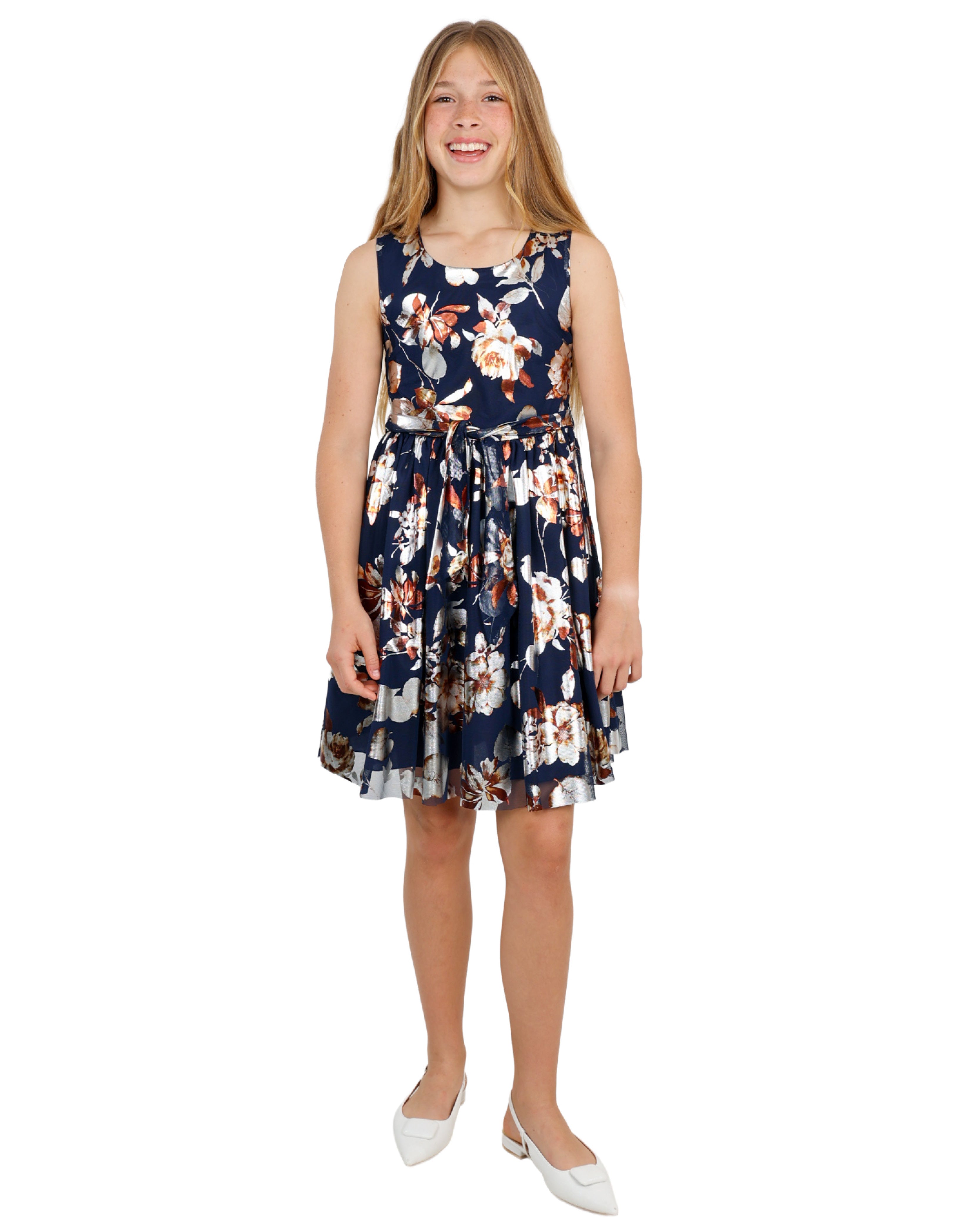 Foil Detail Floral Print Sleeveless Party Dress