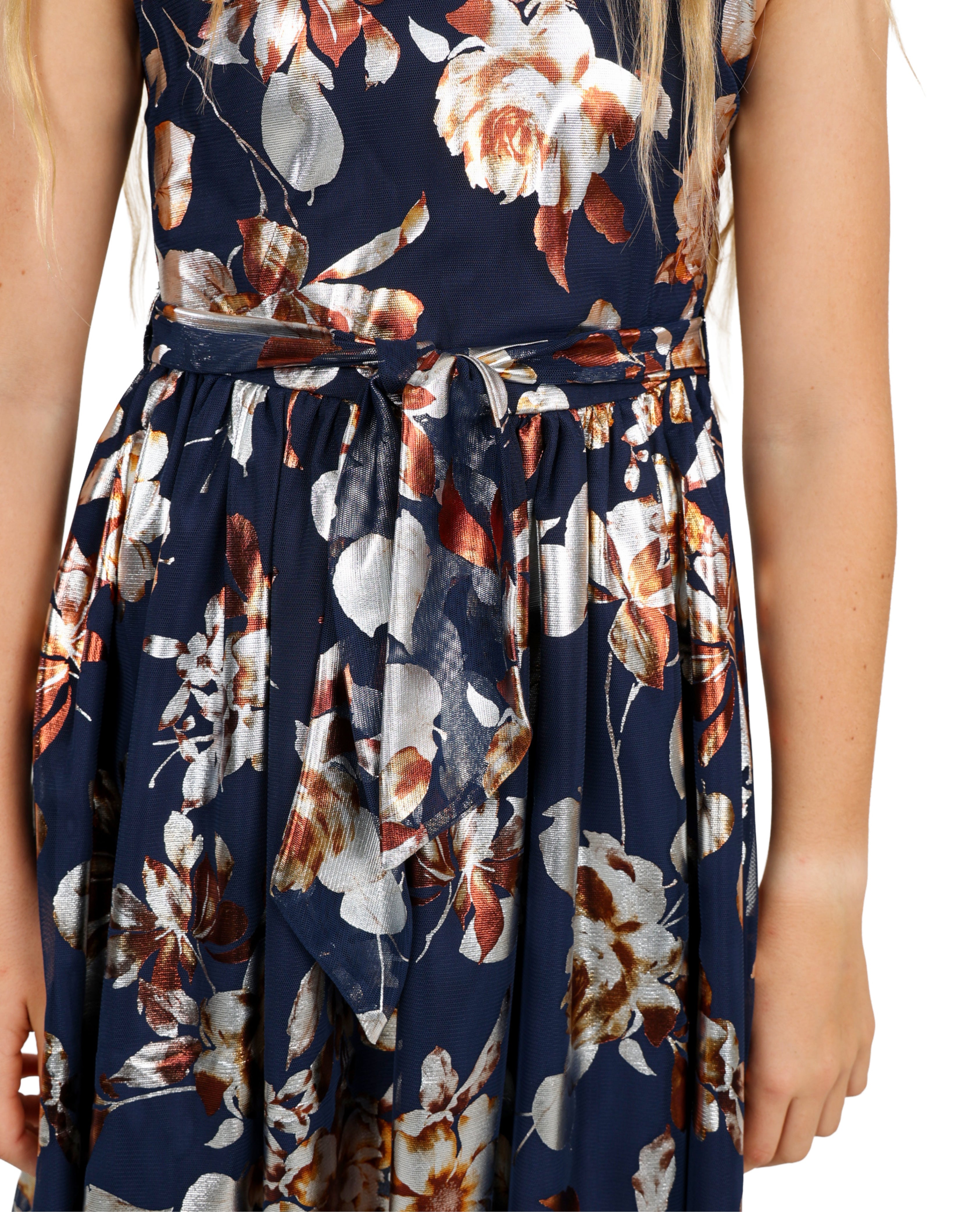 Foil Detail Floral Print Sleeveless Party Dress