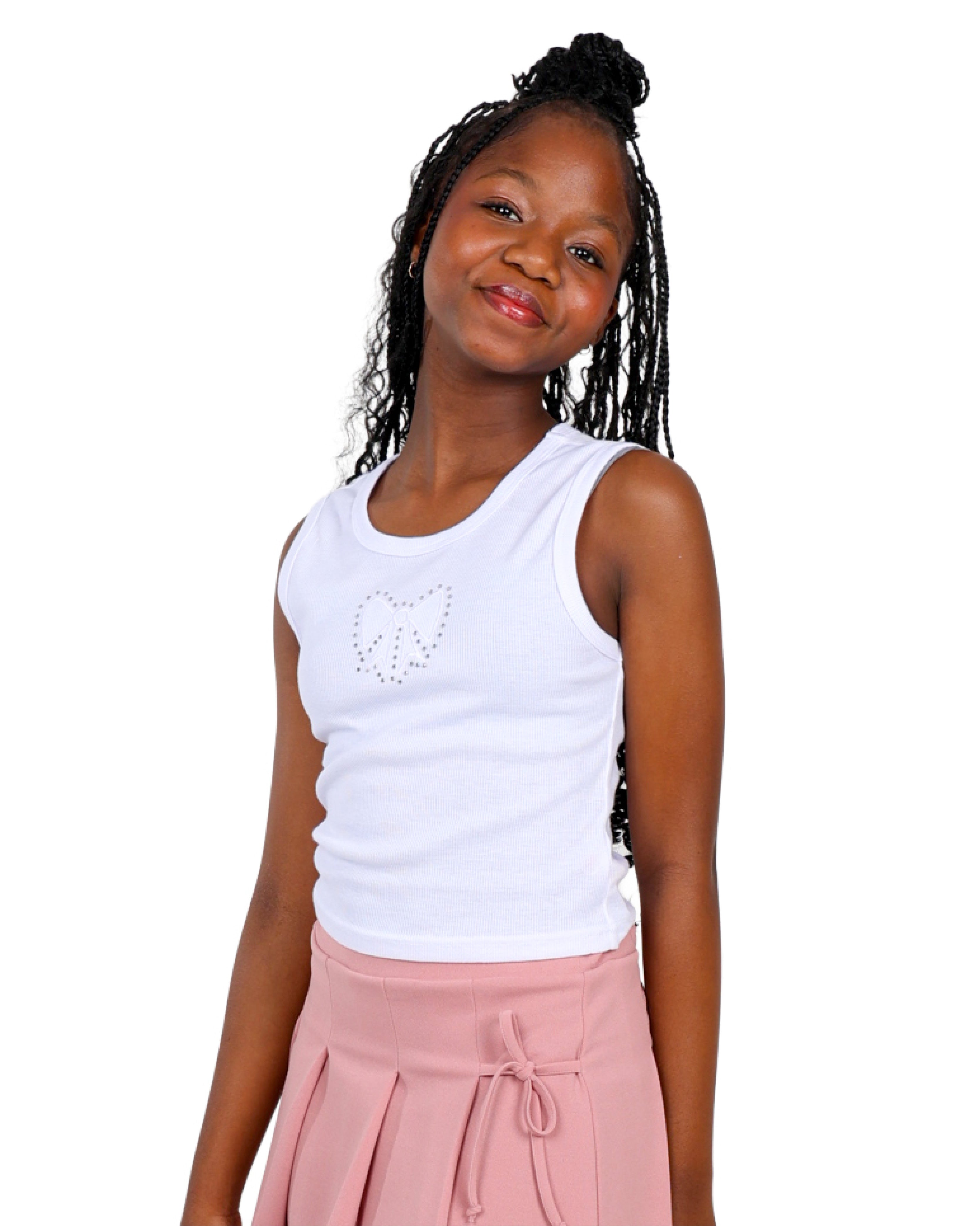 Sleeveless Heart Diamante Embellished White Vest