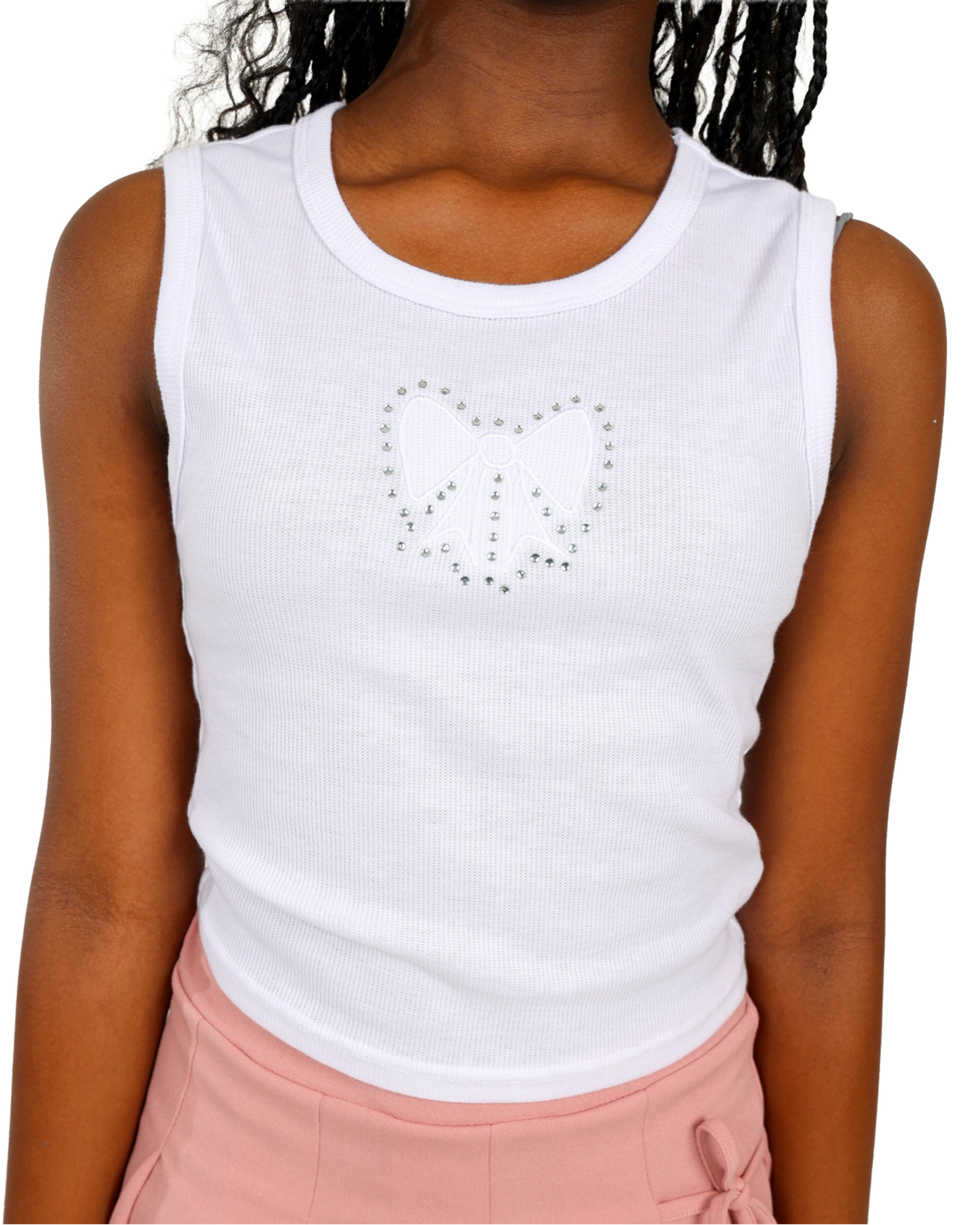 Sleeveless Heart Diamante Embellished White Vest