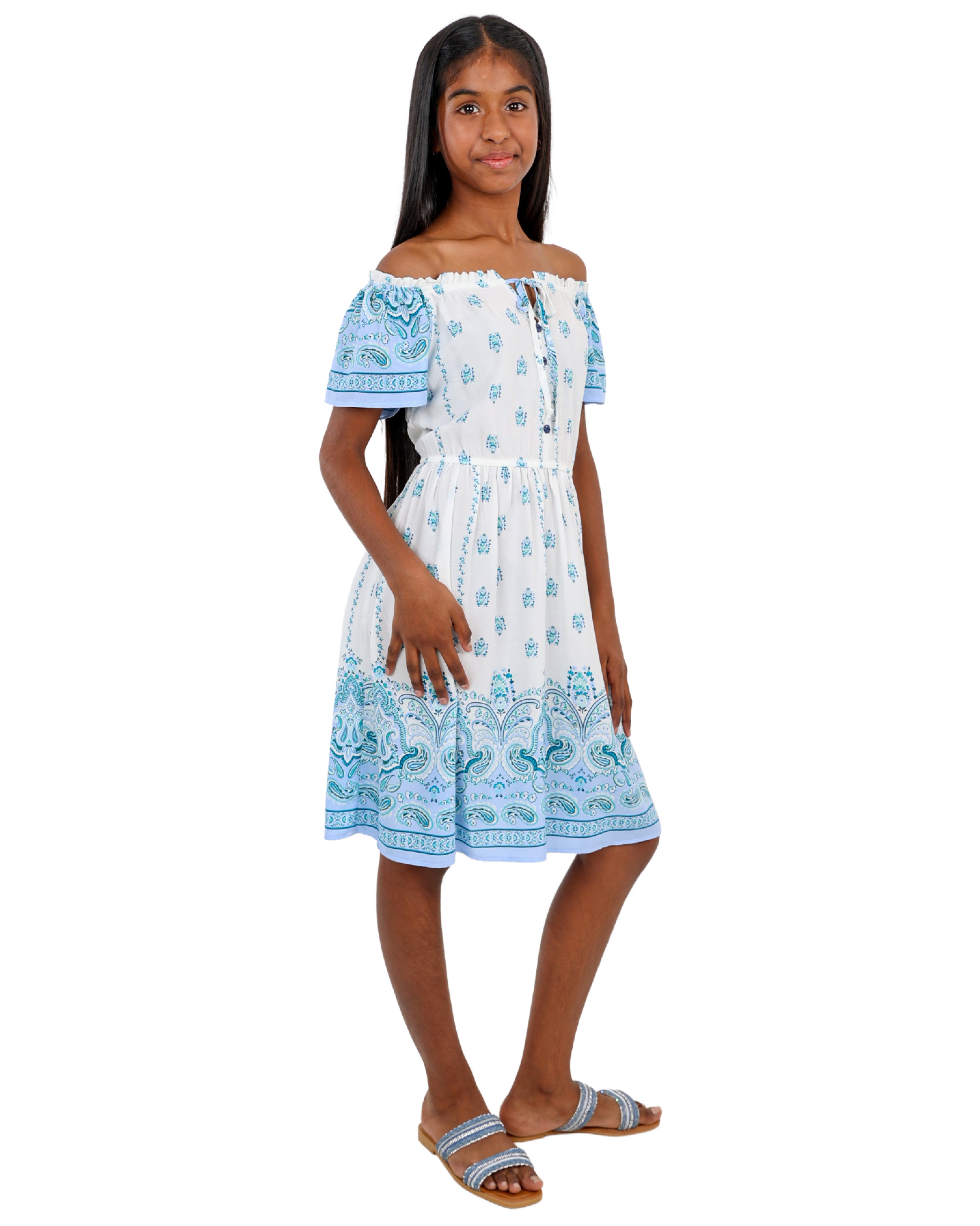 Floral Border Print Short Sleeve Summer Dress