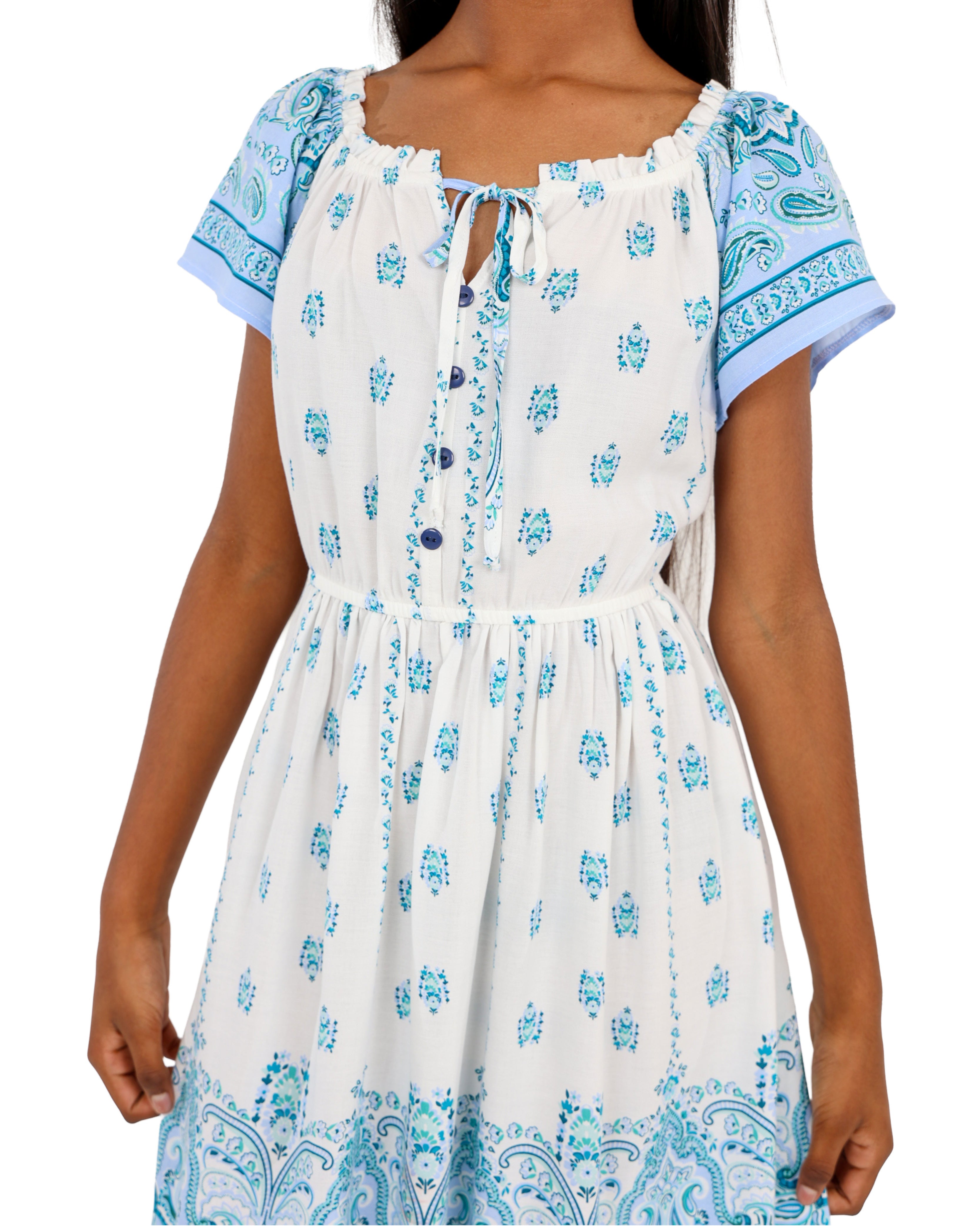Floral Border Print Short Sleeve Summer Dress