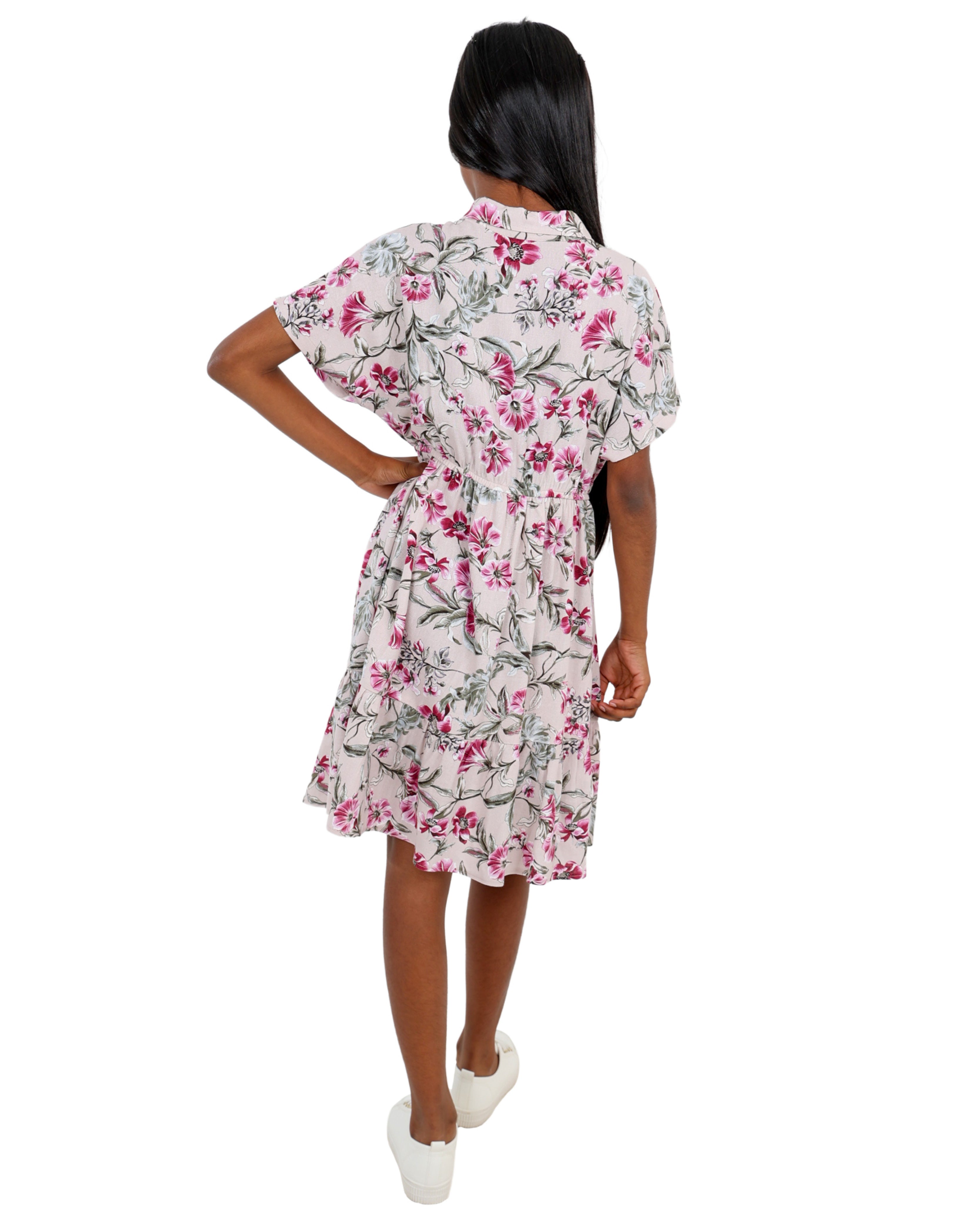 Short Sleeve Floral Print Button Up Dress