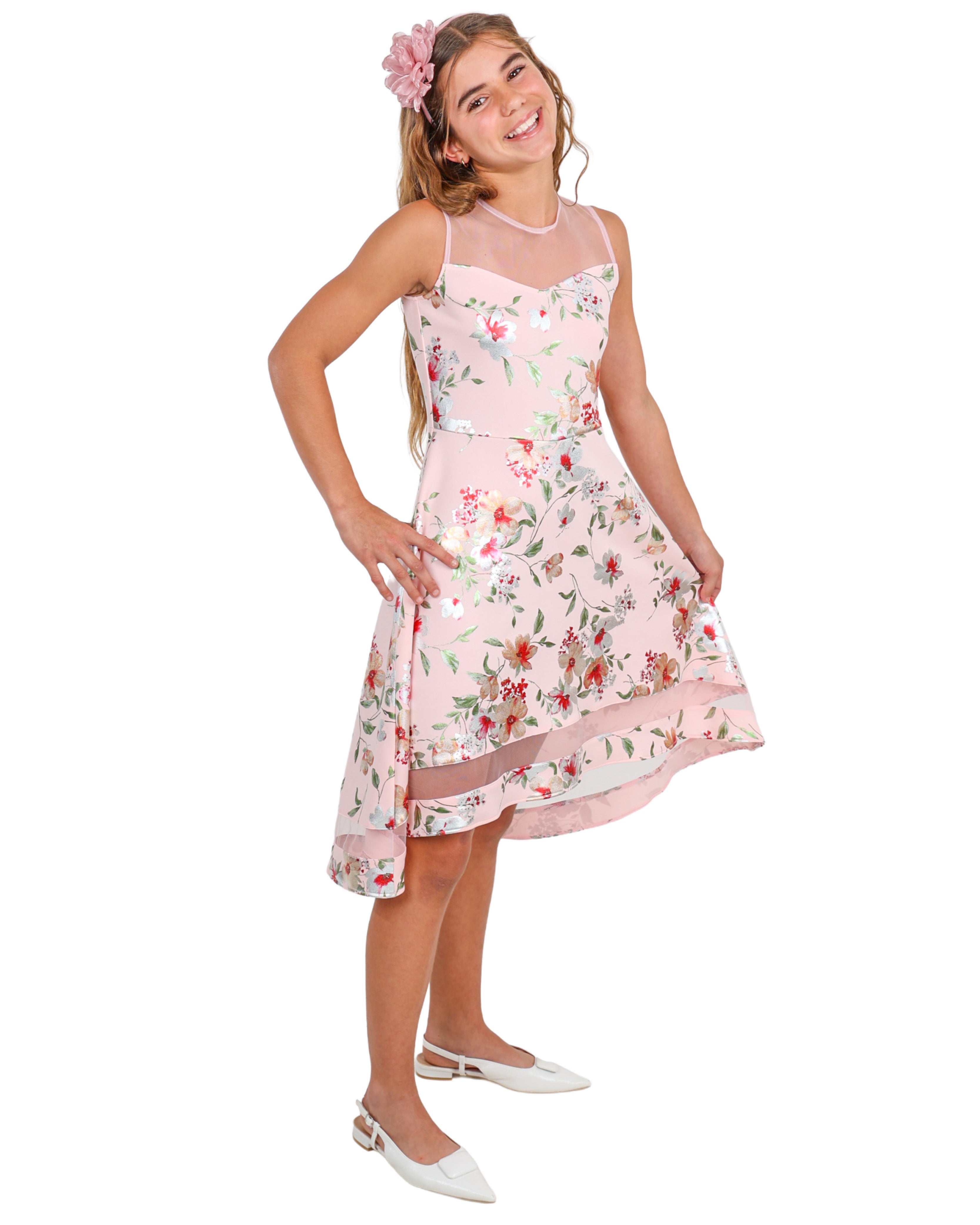 Sleeveless Mesh Insert High Low Floral Party Dress