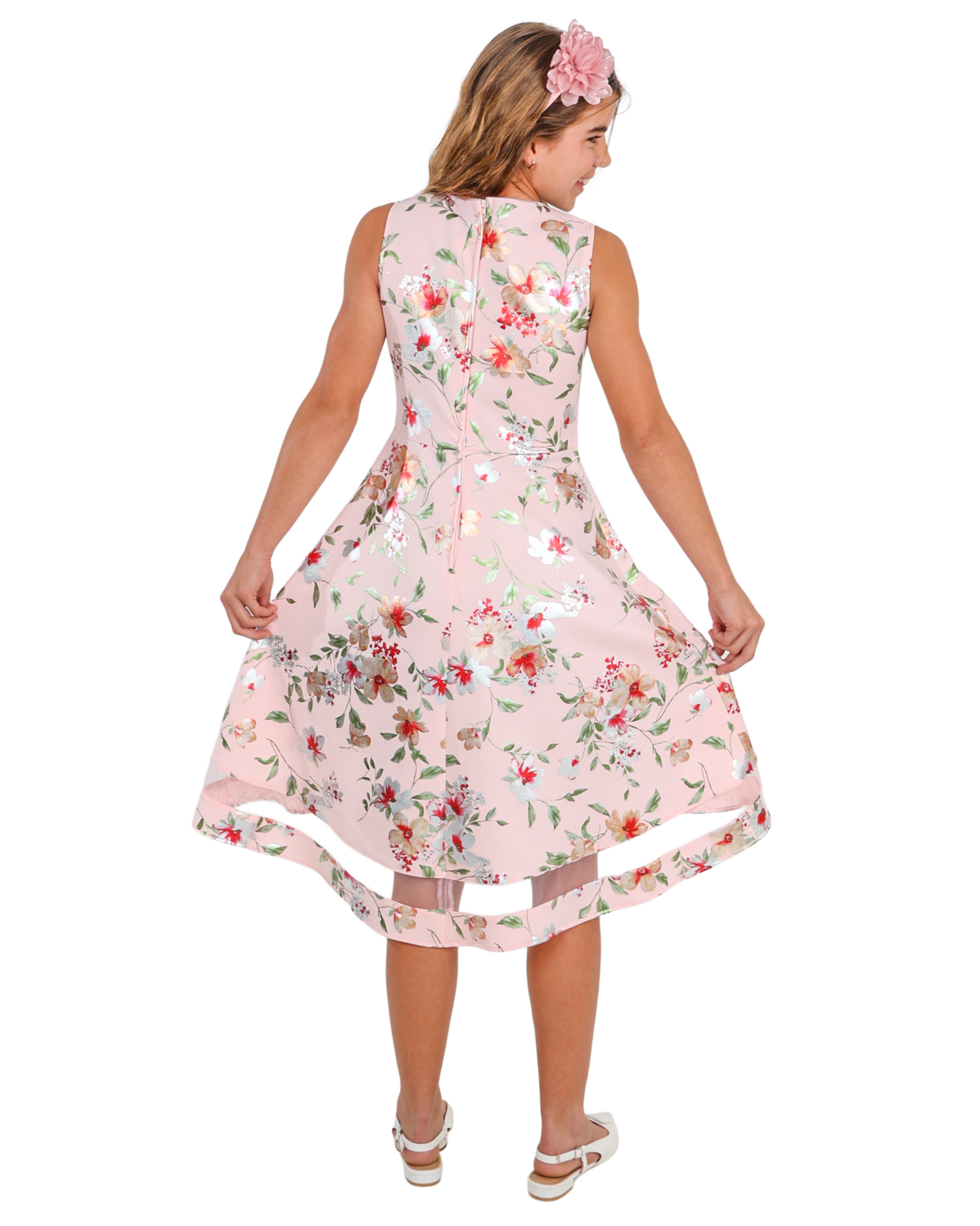 Sleeveless Mesh Insert High Low Floral Party Dress