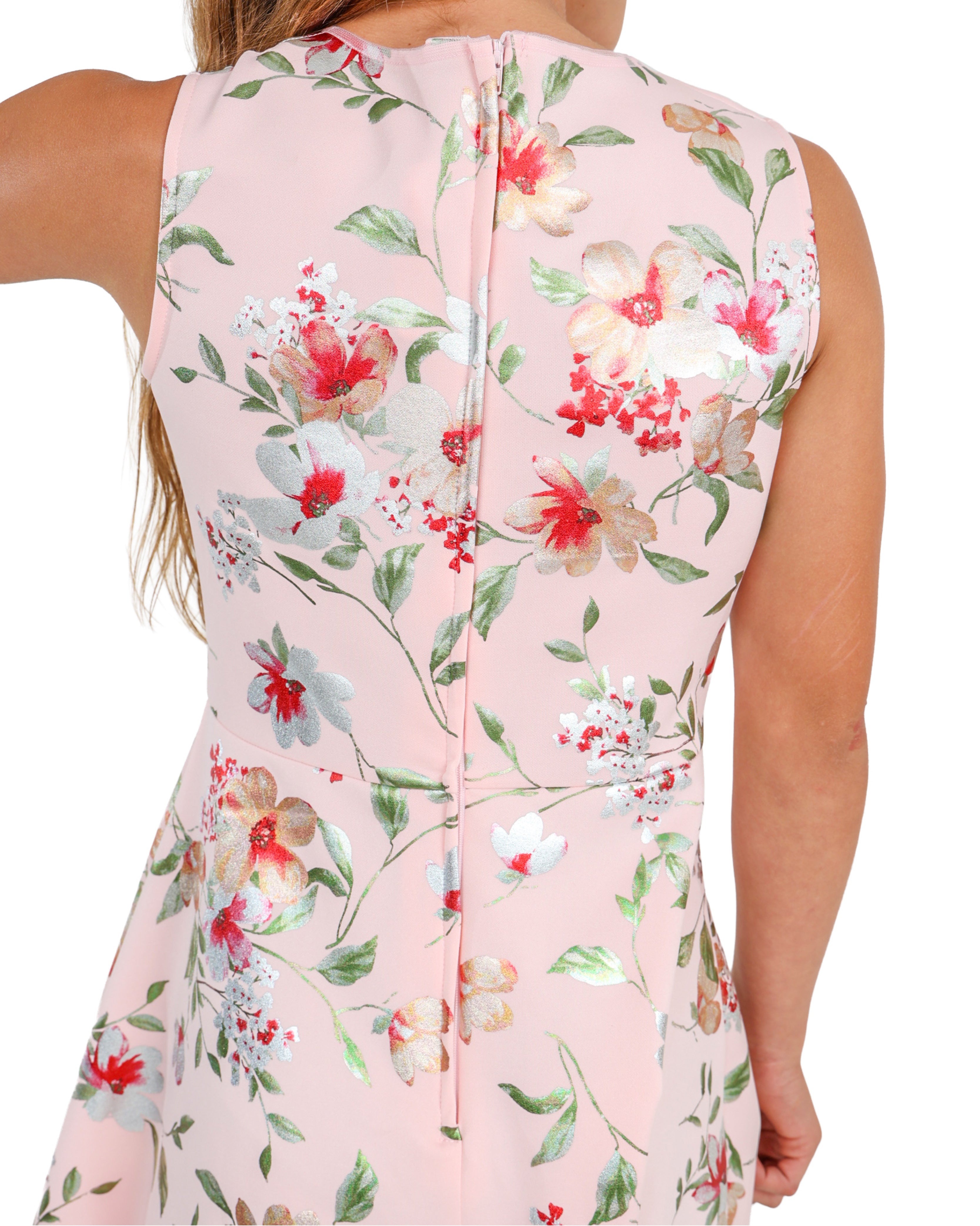 Sleeveless Mesh Insert High Low Floral Party Dress