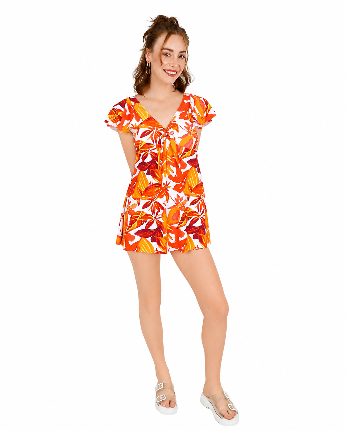 Ruffle Cape Sleeve Orange Floral Swim Dress