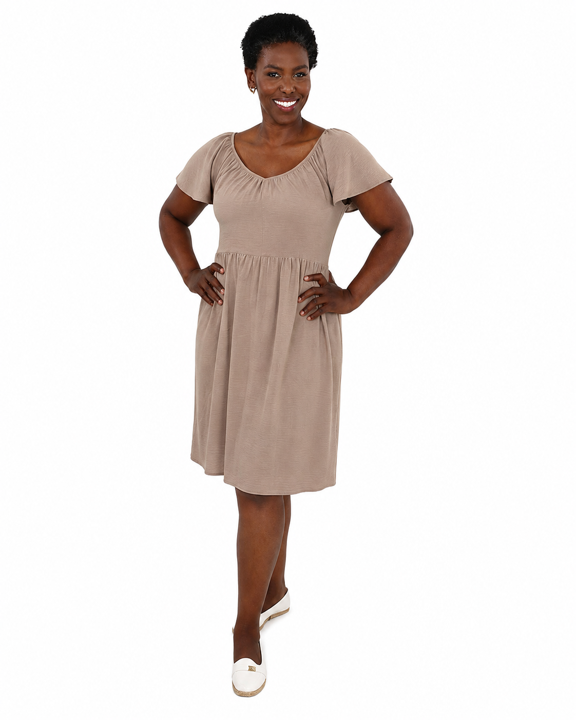 Short Flutter Sleeve Knee Length Stone Dress