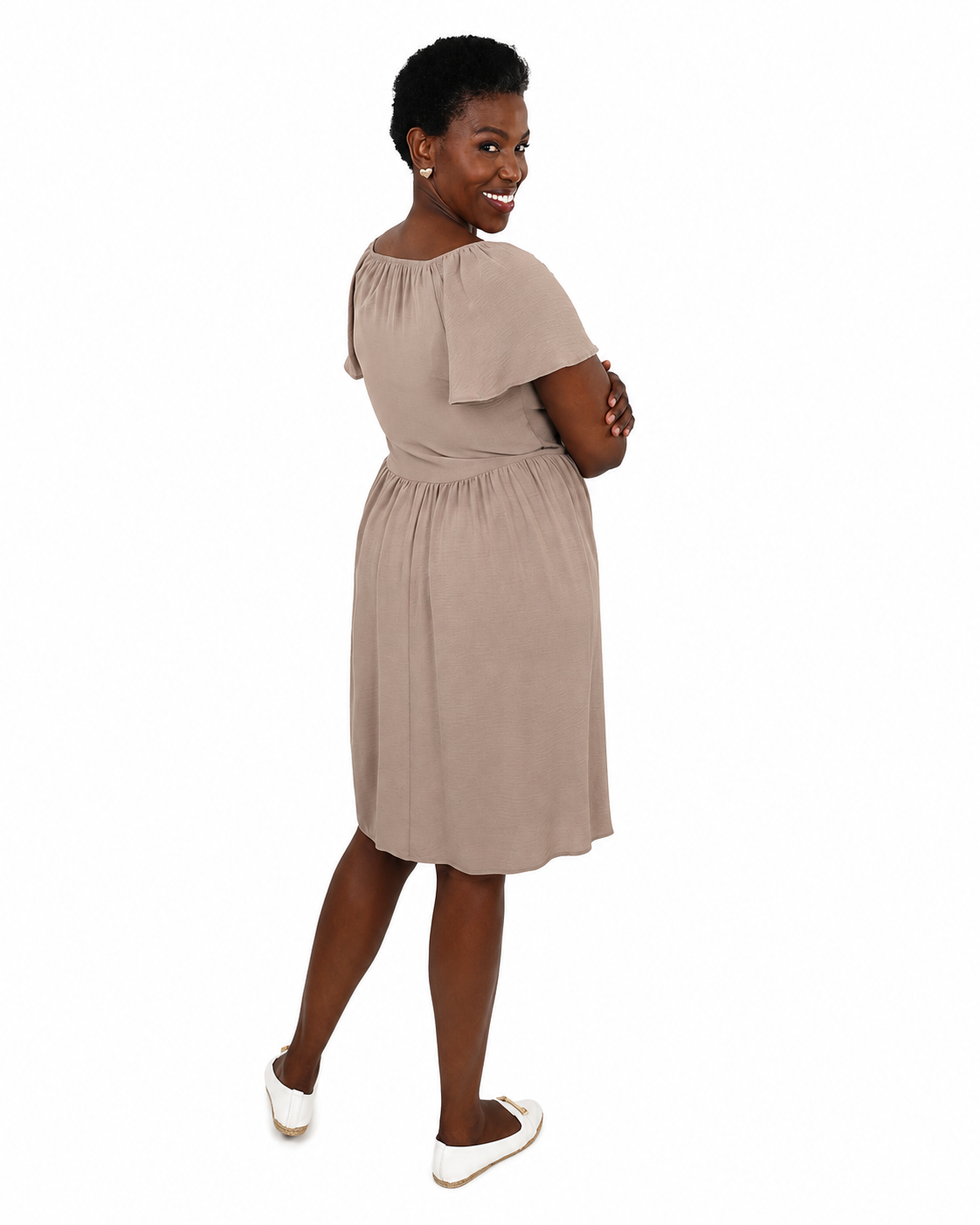Short Flutter Sleeve Knee Length Stone Dress