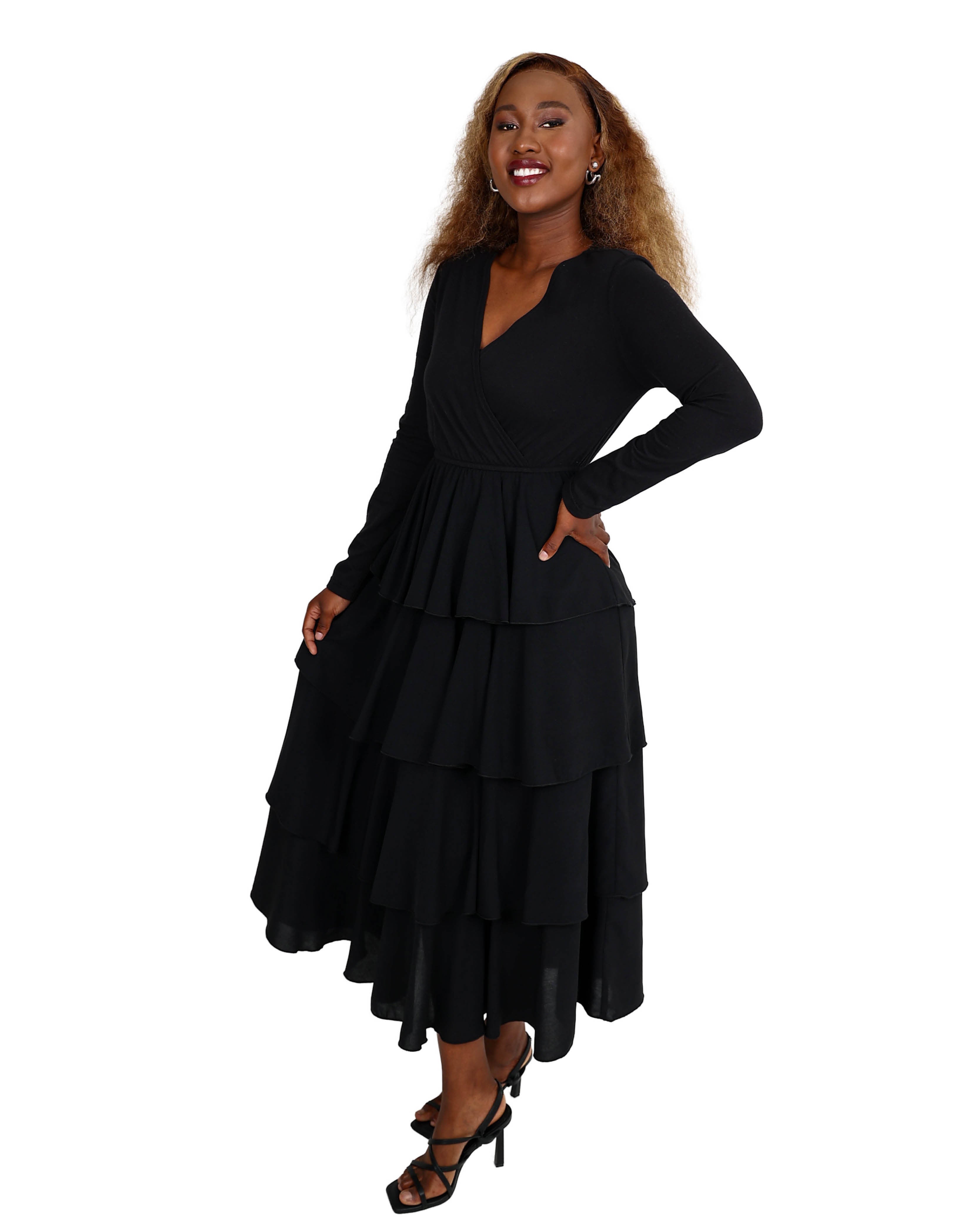 Long Sleeve Multi Ruffle Maxi Dress