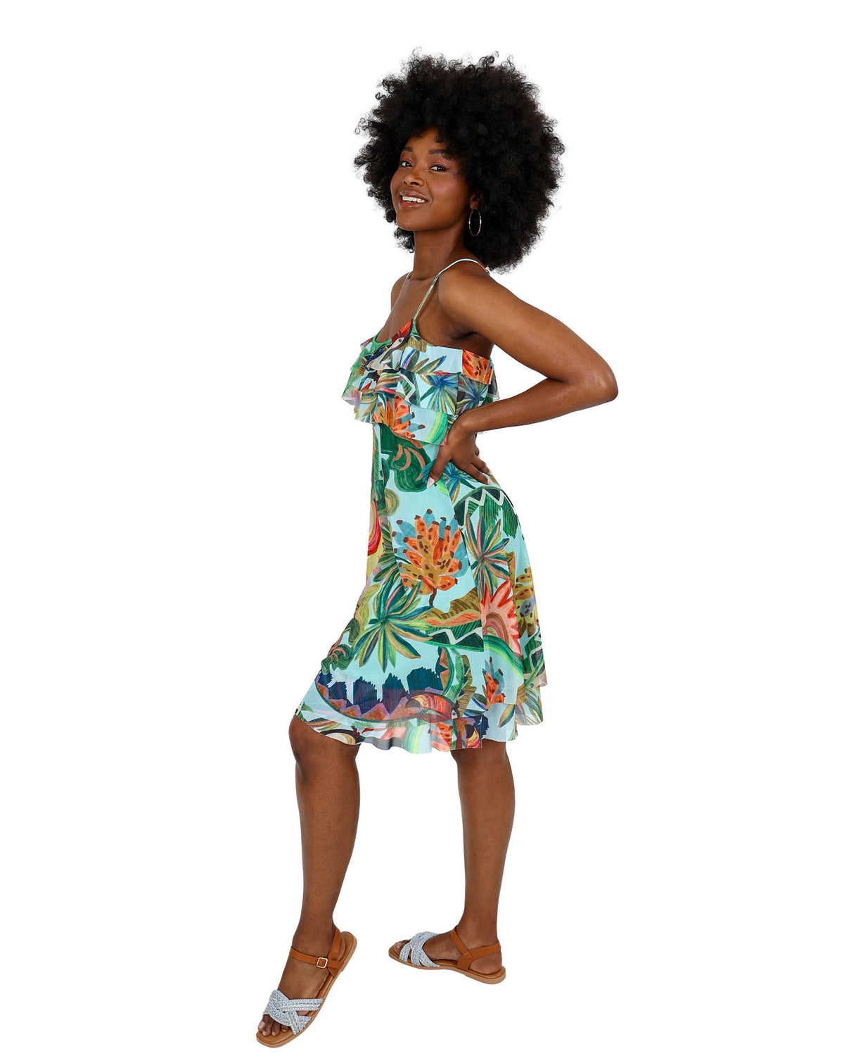 Strappy Frill Detail Tropical Print Dress