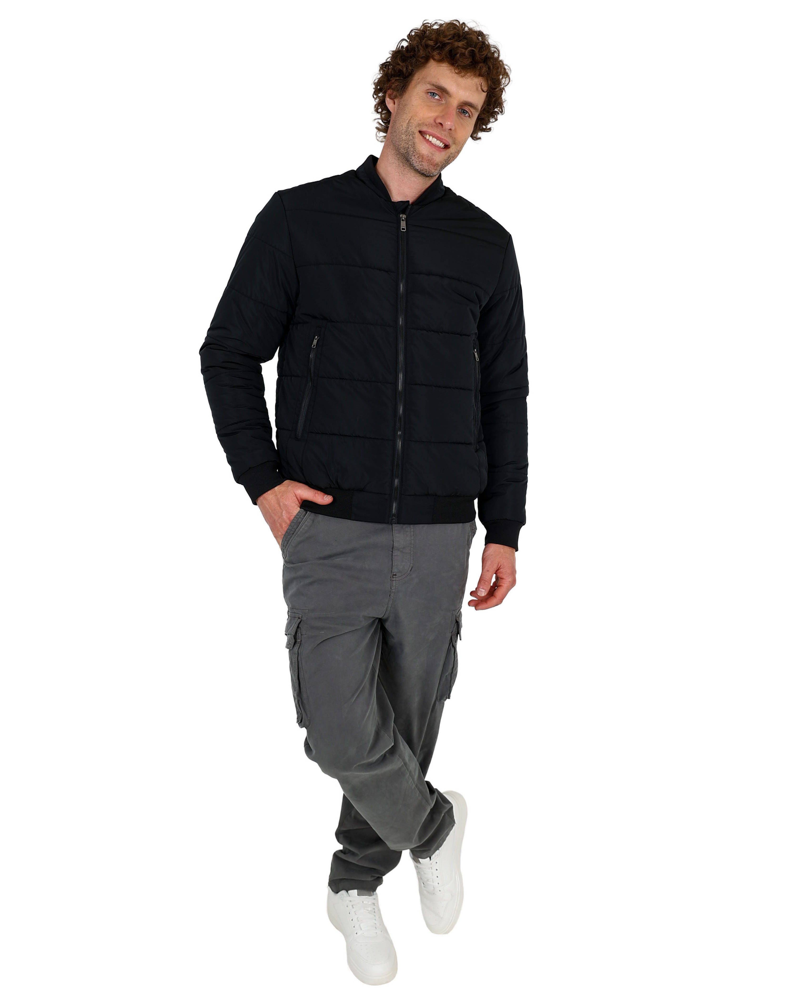 Black Linear Quilted Bomber Jacket