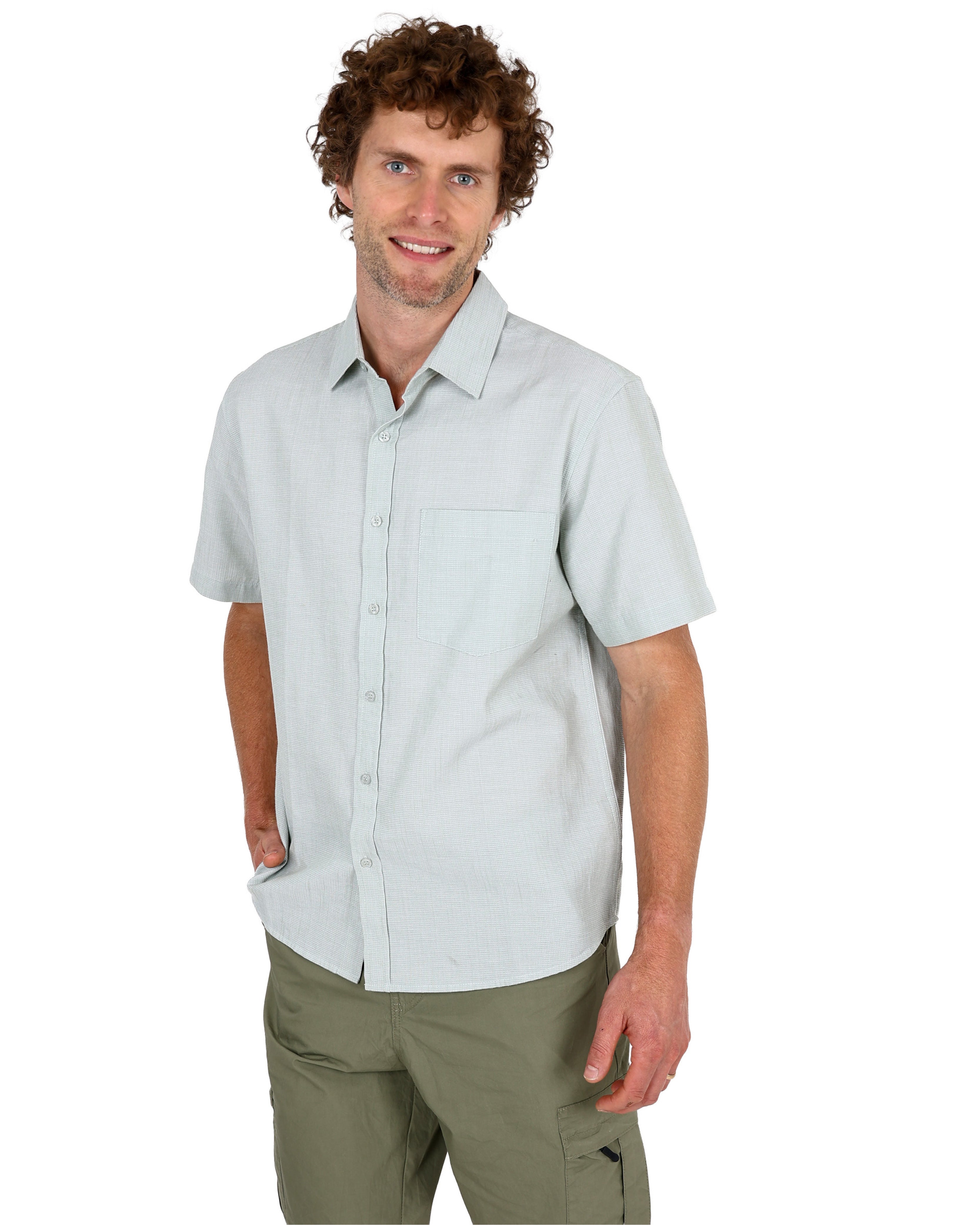 Short Sleeve Sage Waffle Textured Cotton Shirt