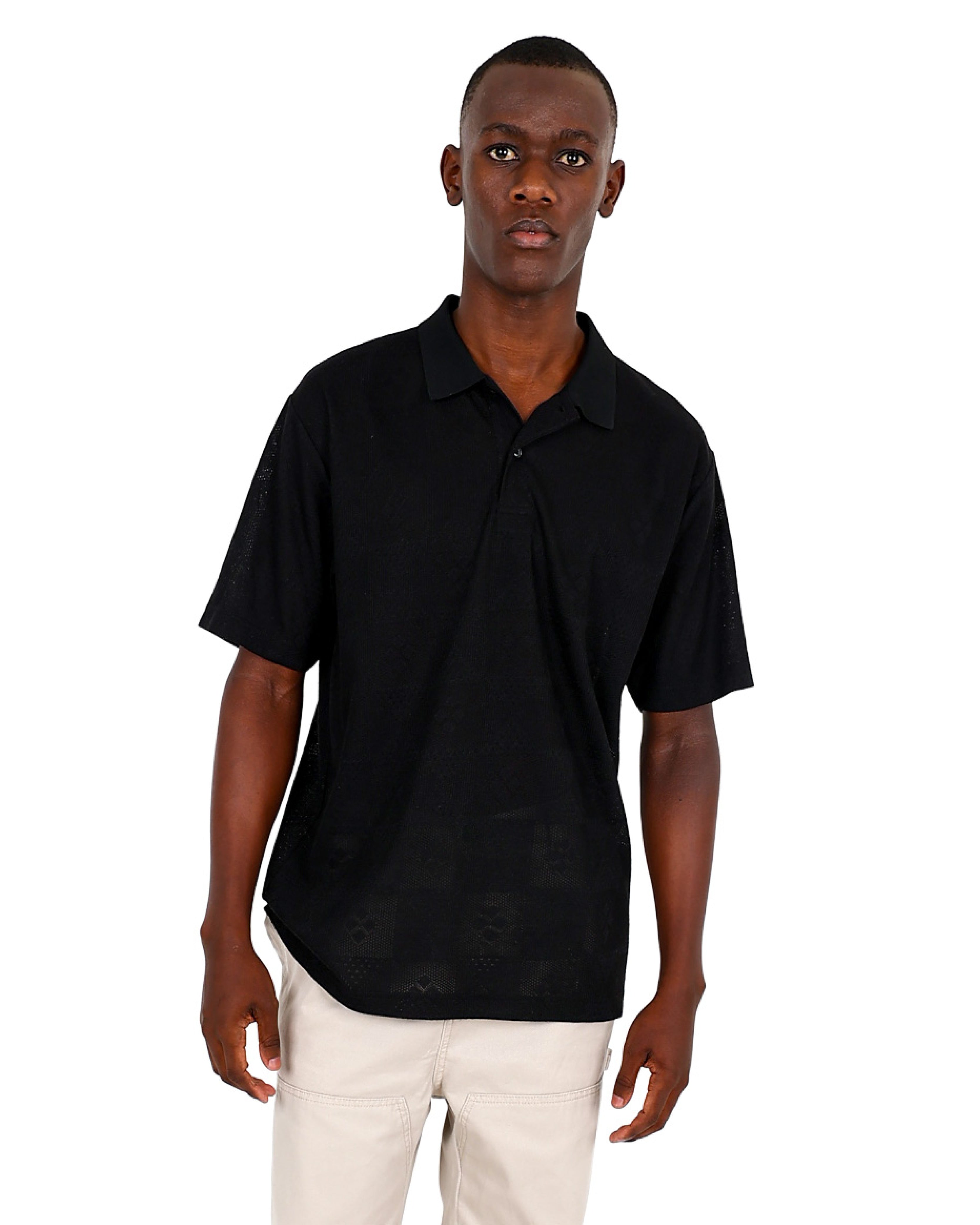 Short Sleeve Black Textured Pattern Two Button Golfer