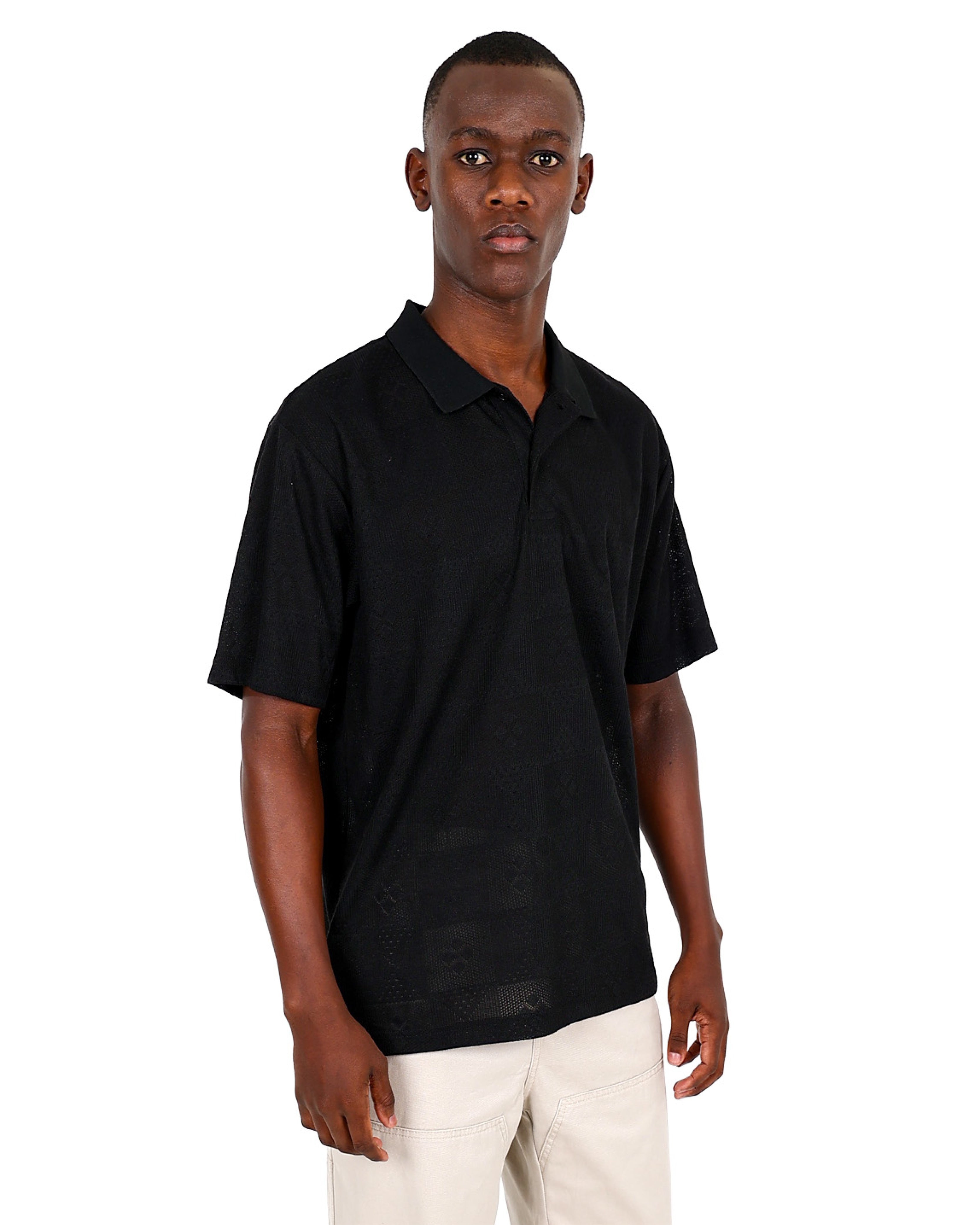 Short Sleeve Black Textured Pattern Two Button Golfer