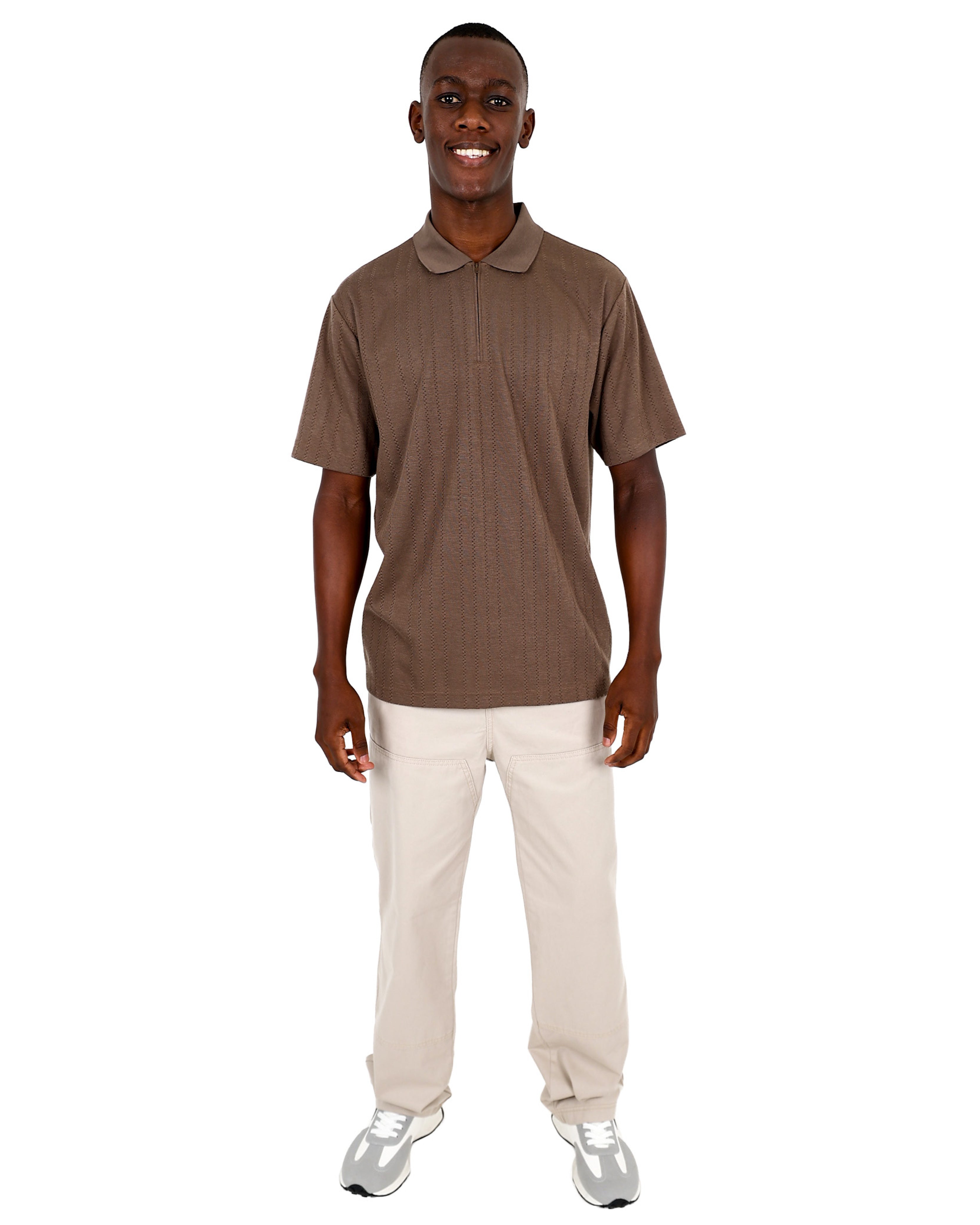 Short Sleeve Taupe Textured Pattern Zip Up Golfer