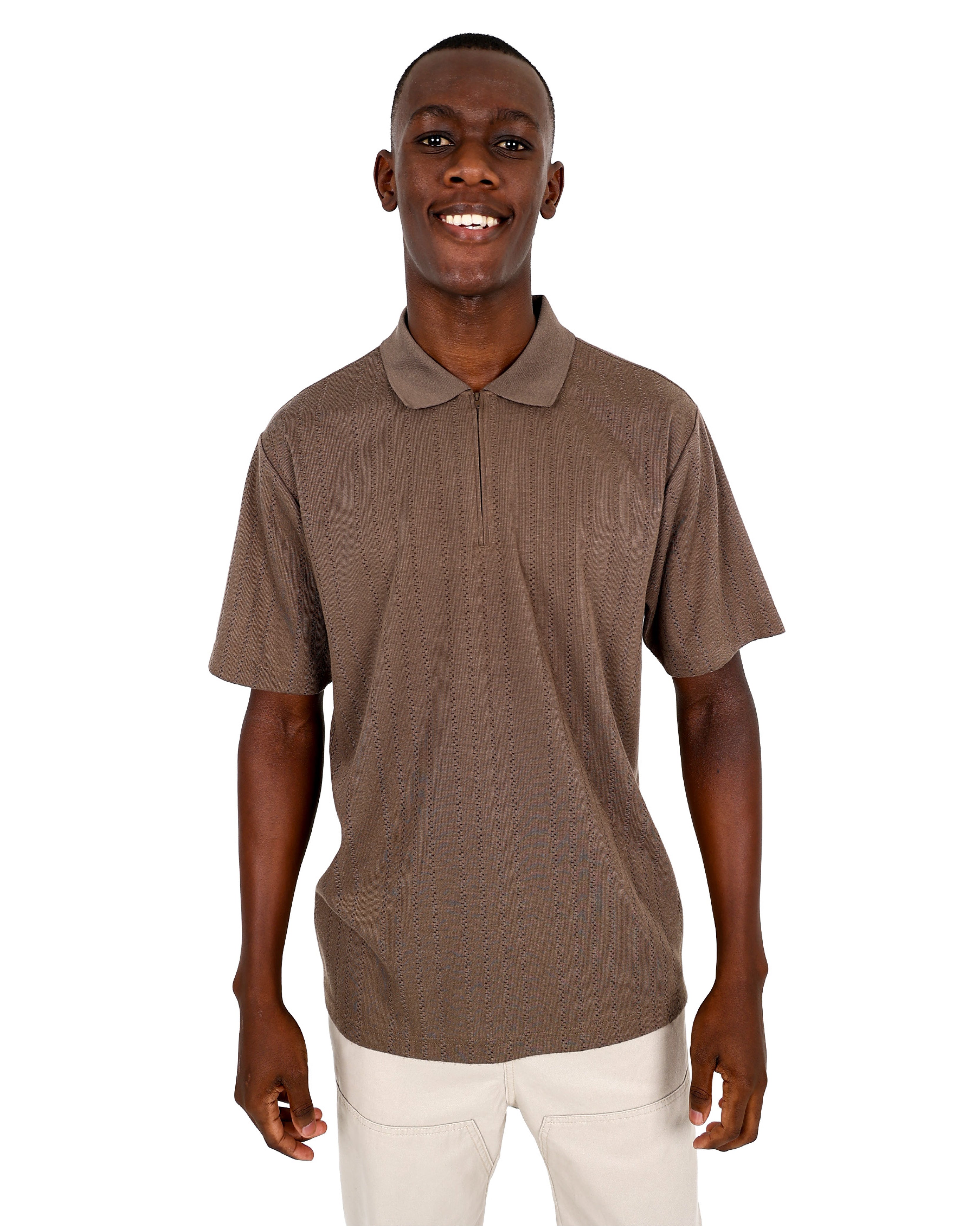 Short Sleeve Taupe Textured Pattern Zip Up Golfer