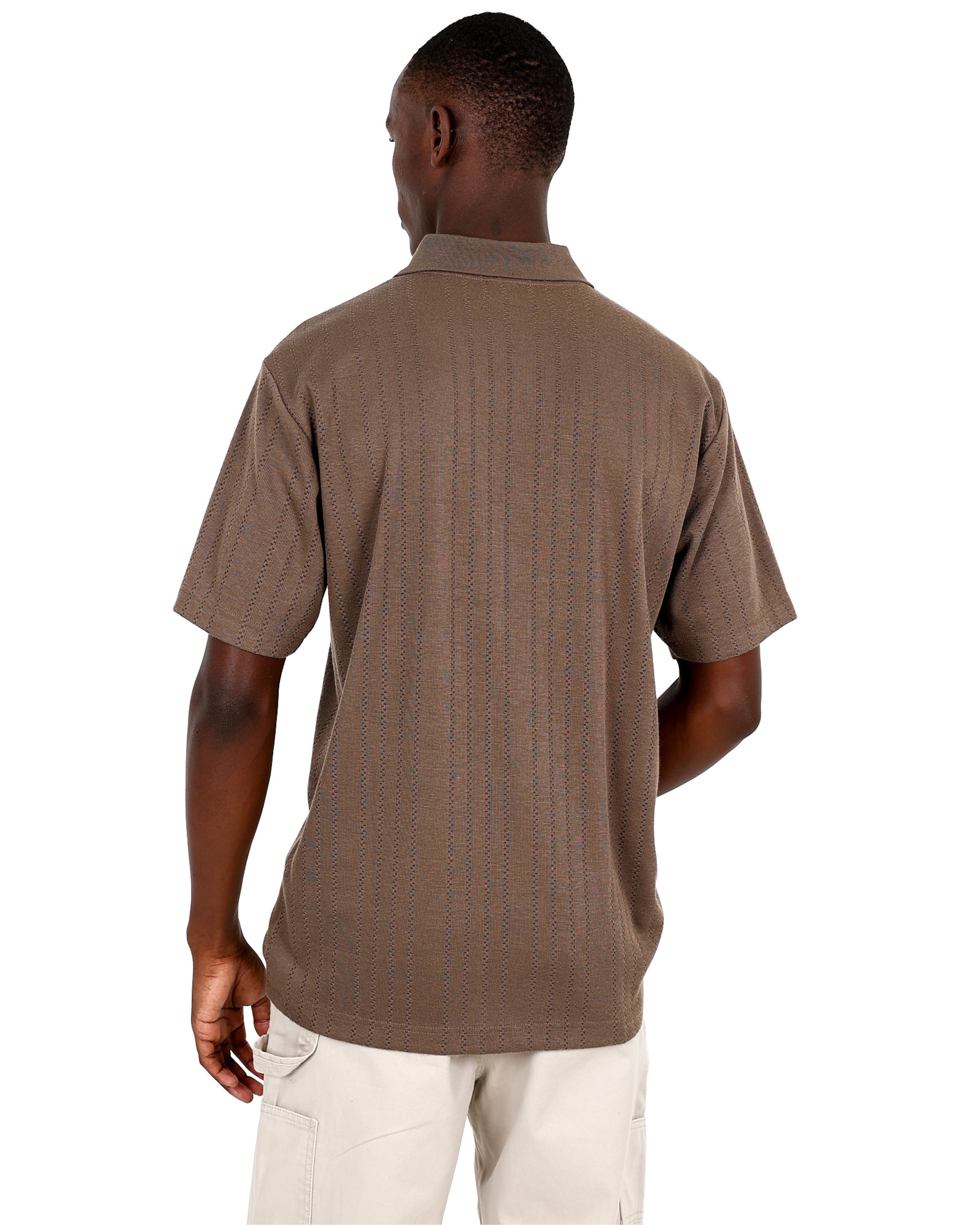 Short Sleeve Taupe Textured Pattern Zip Up Golfer