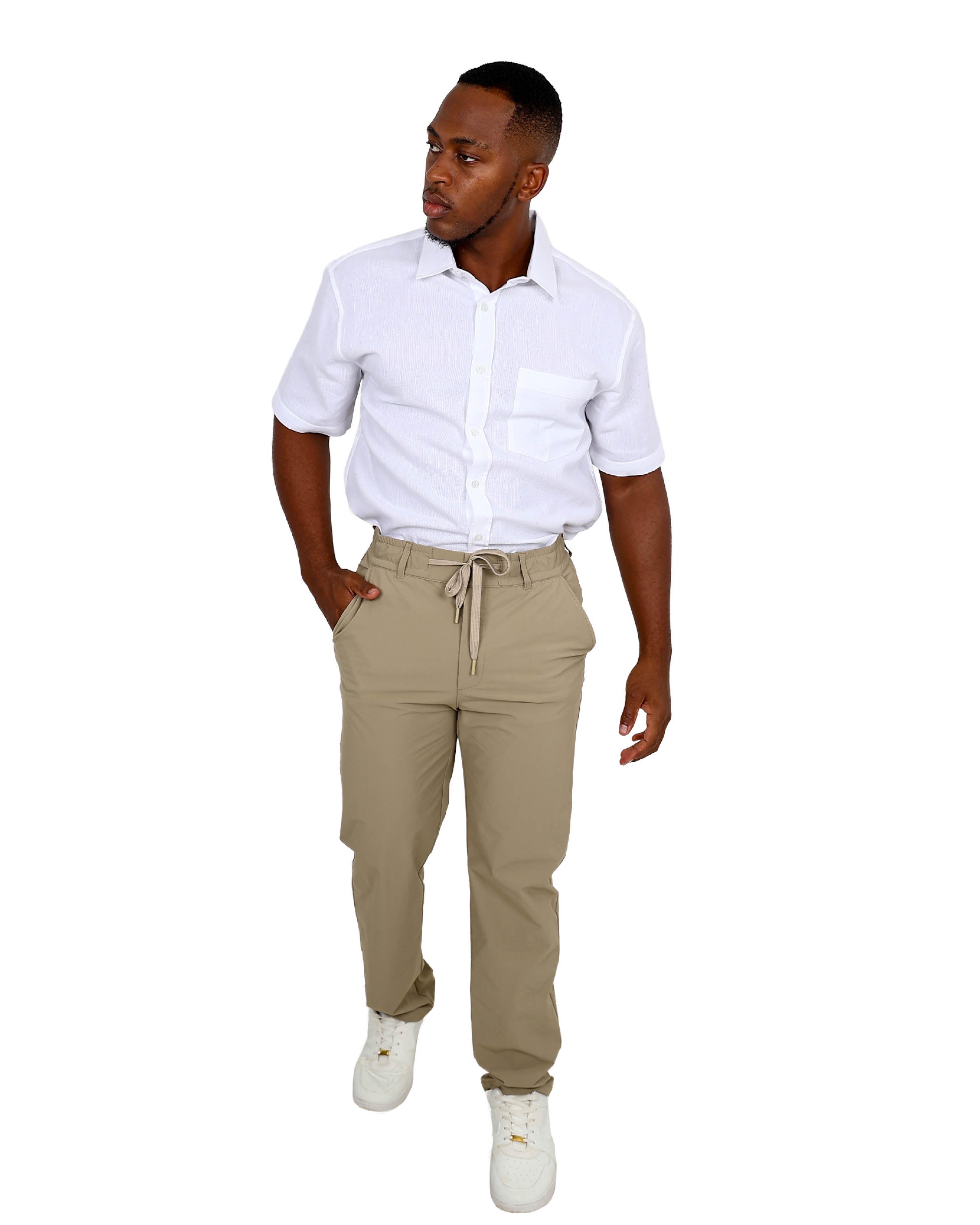 Regular Fit Elasticated Waist Beige Stretch Pants