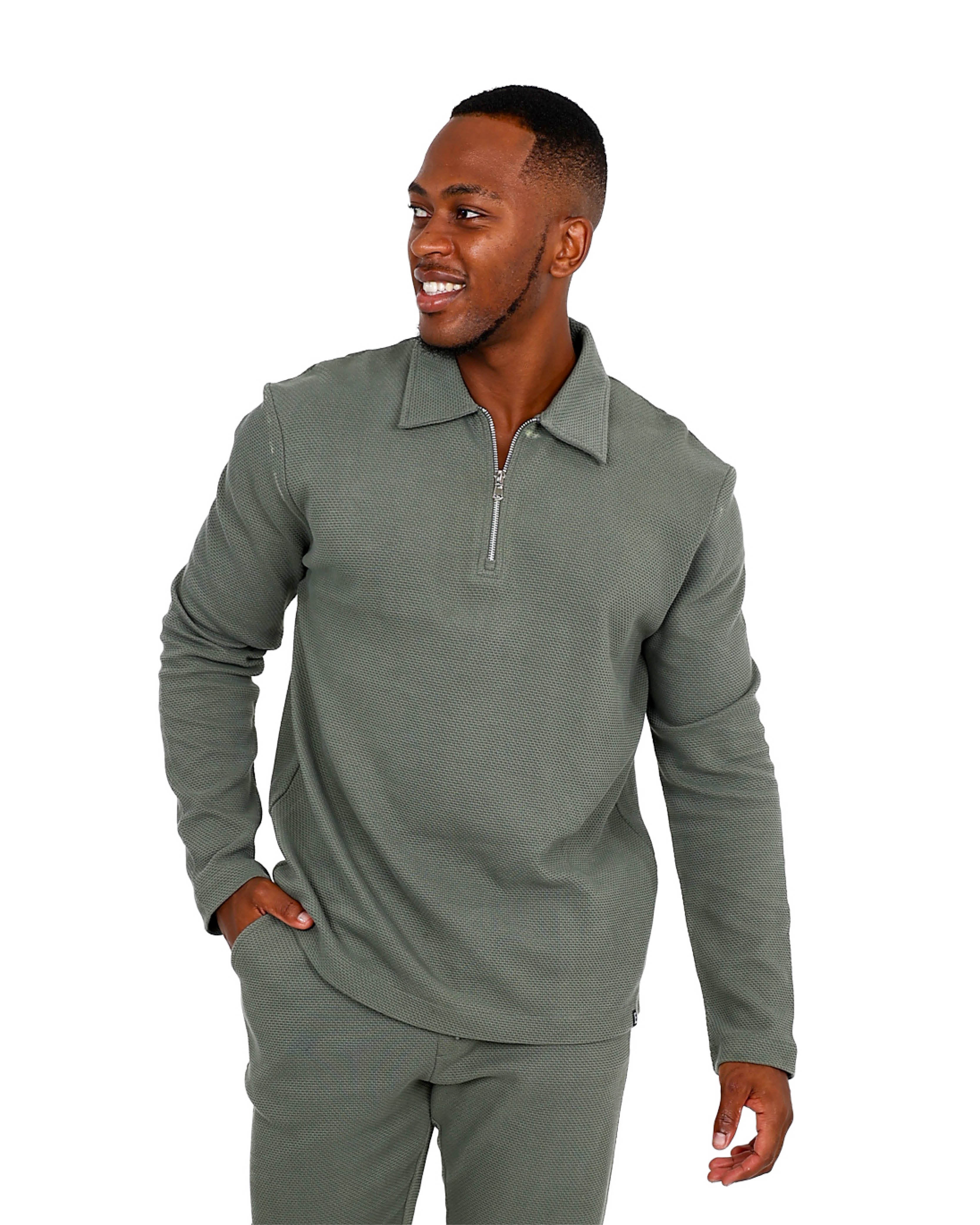 Long Sleeve Fatigue Basket Weave 1/4 Zip Cotton Sweatshirt