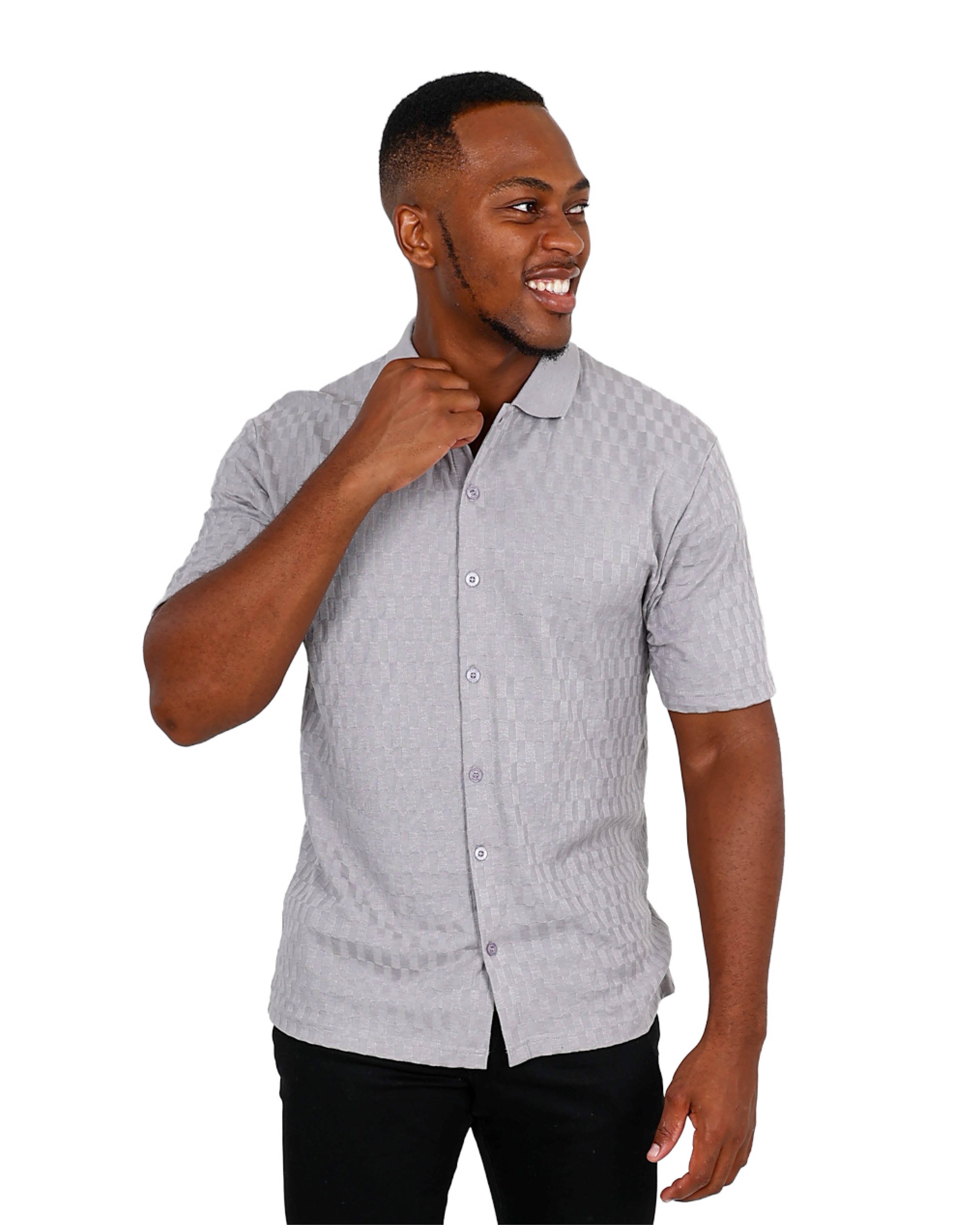 Short Sleeve Button Up Silver Jacquard Golfer
