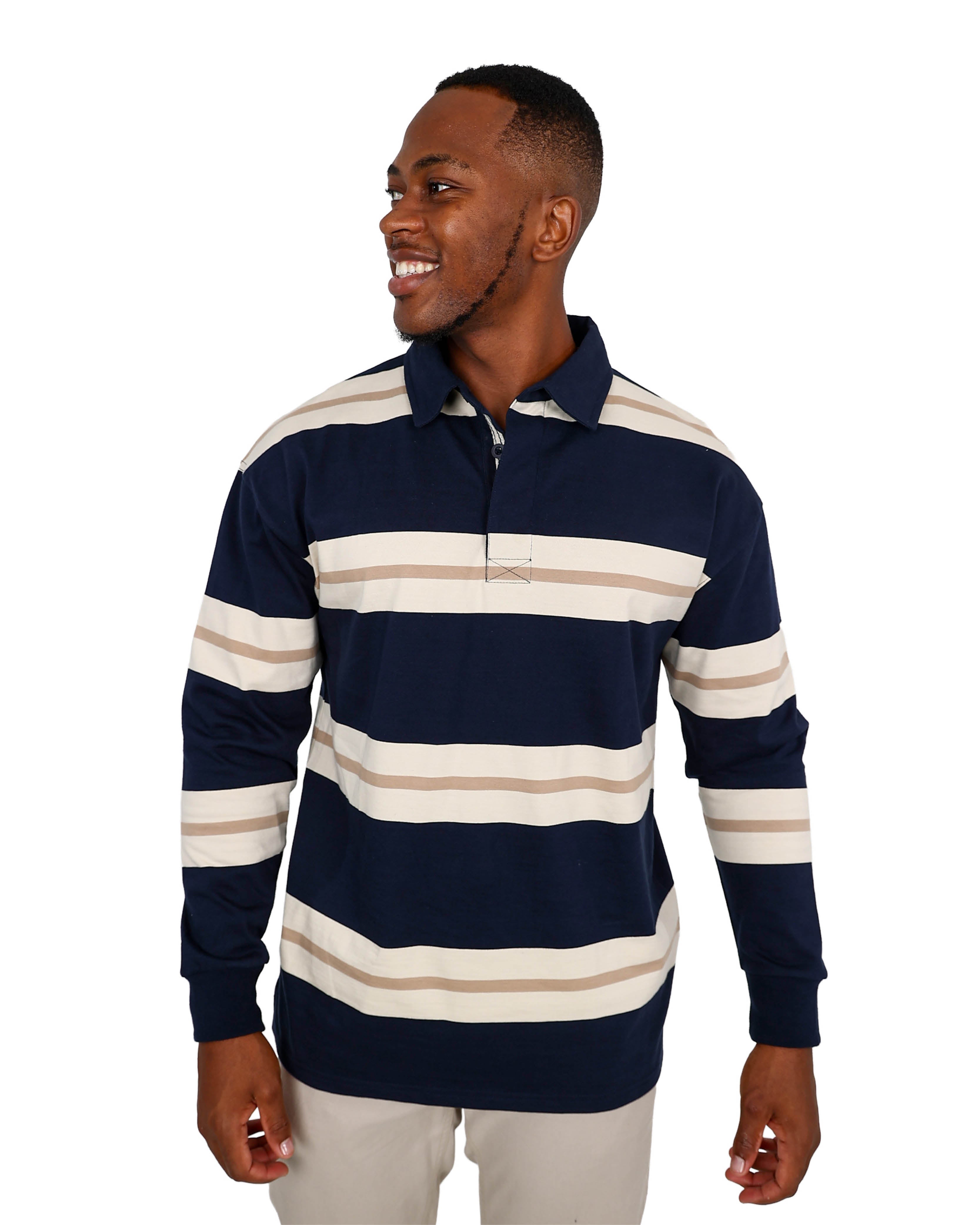 Long Sleeve Navy Stripe Cotton Golfer