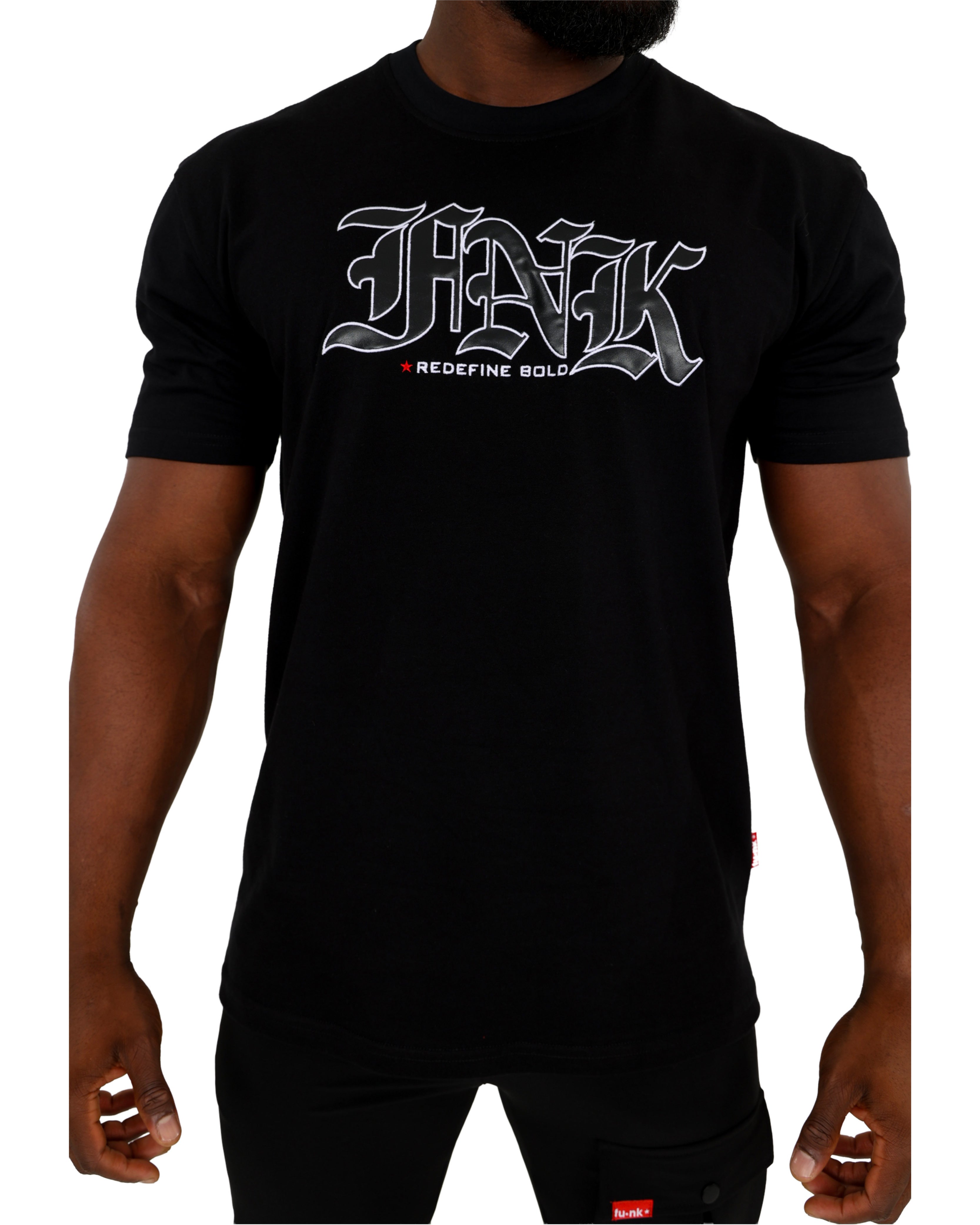 Funk Leather Look Appliqued FNK Embellished T-Shirt