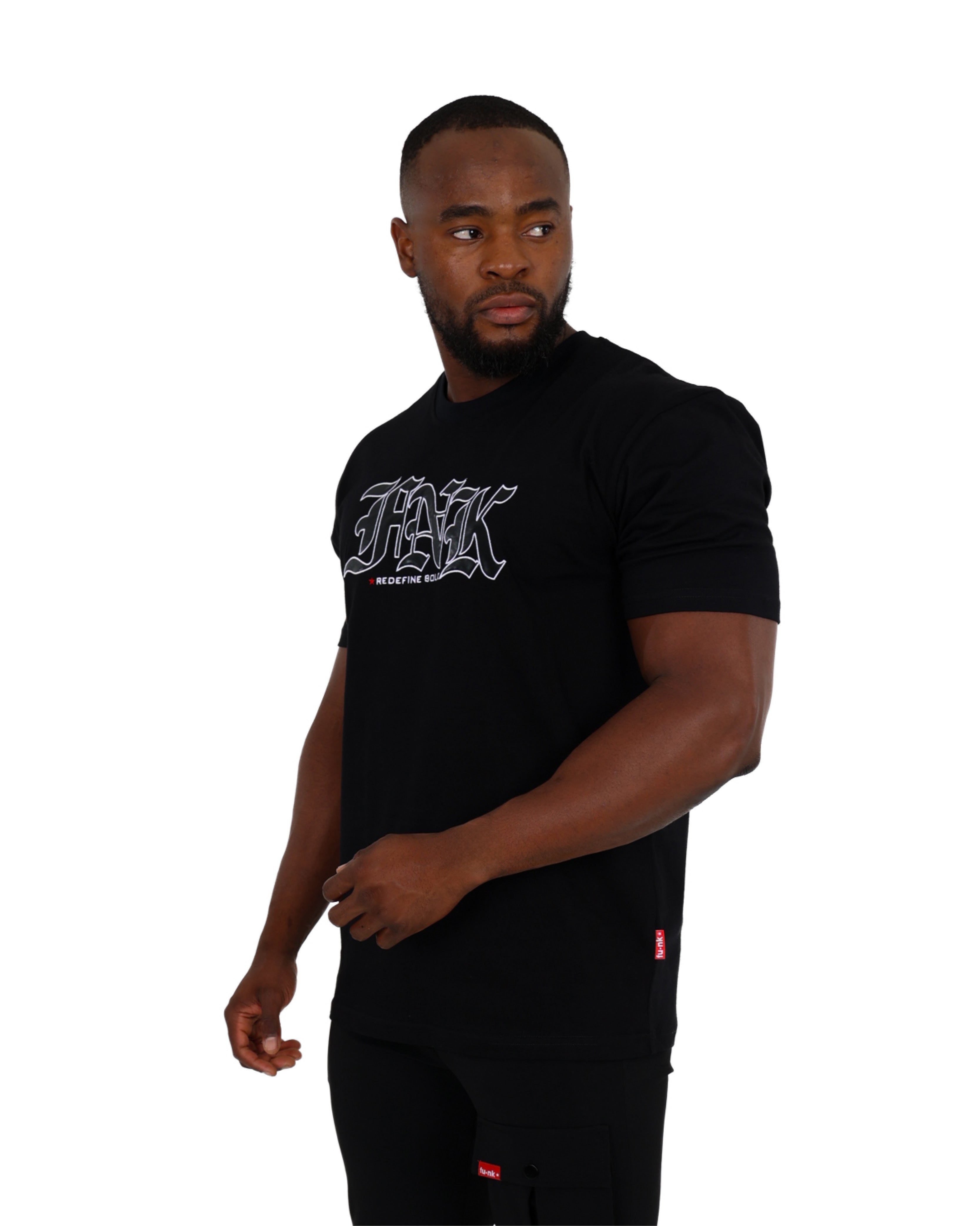 Funk Leather Look Appliqued FNK Embellished T-Shirt