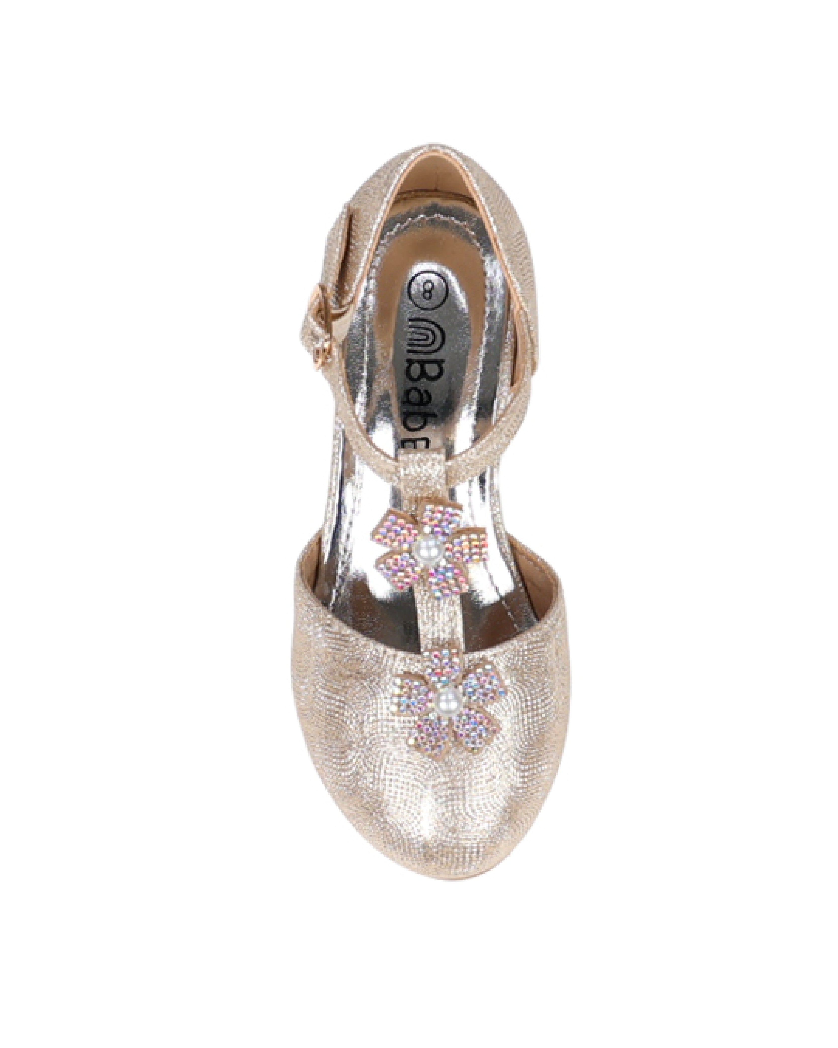 Girls T-Bar Flower Detail Tapered Block Heel