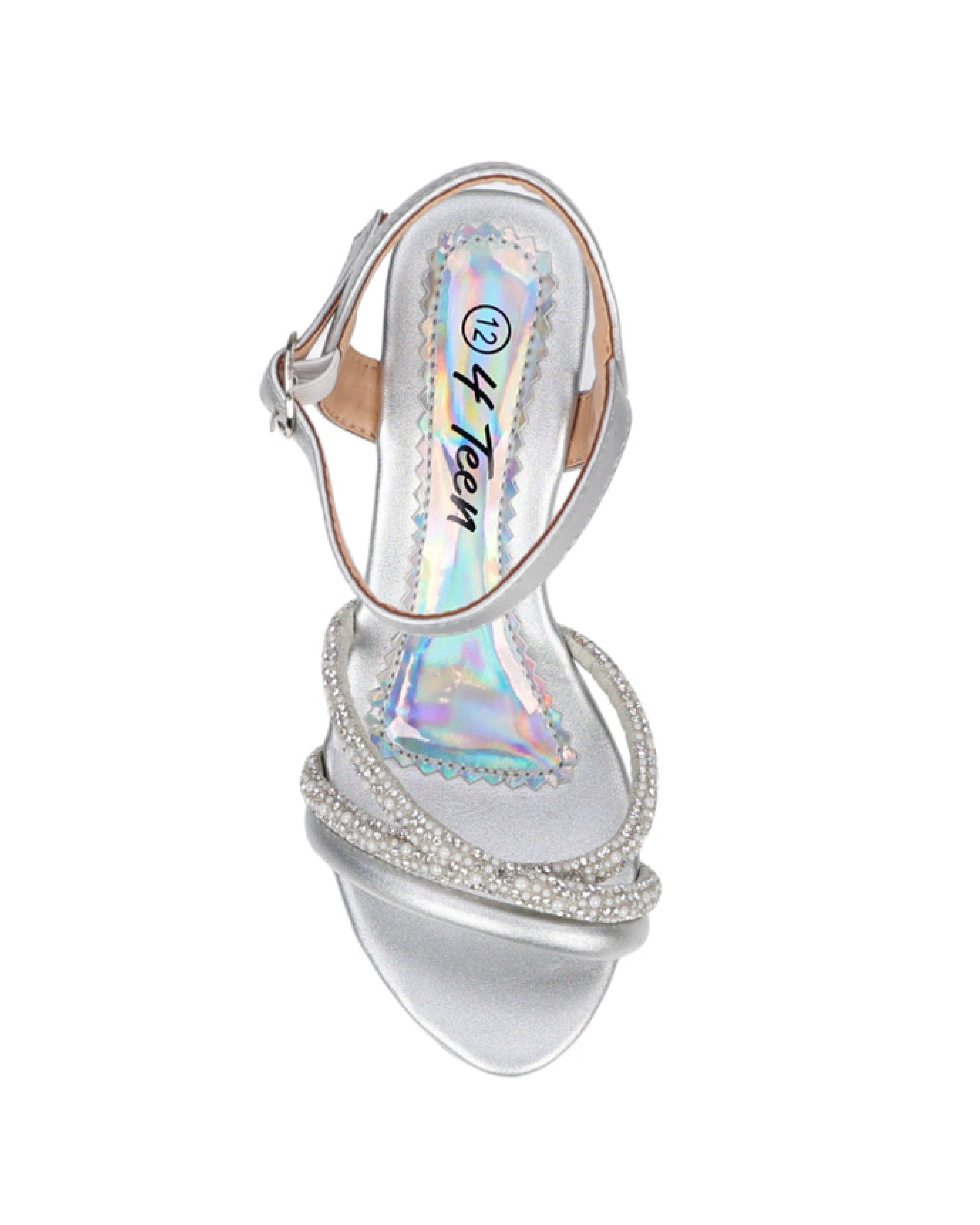 Girls Asymmetric Embellished Strap Jewelled Heel