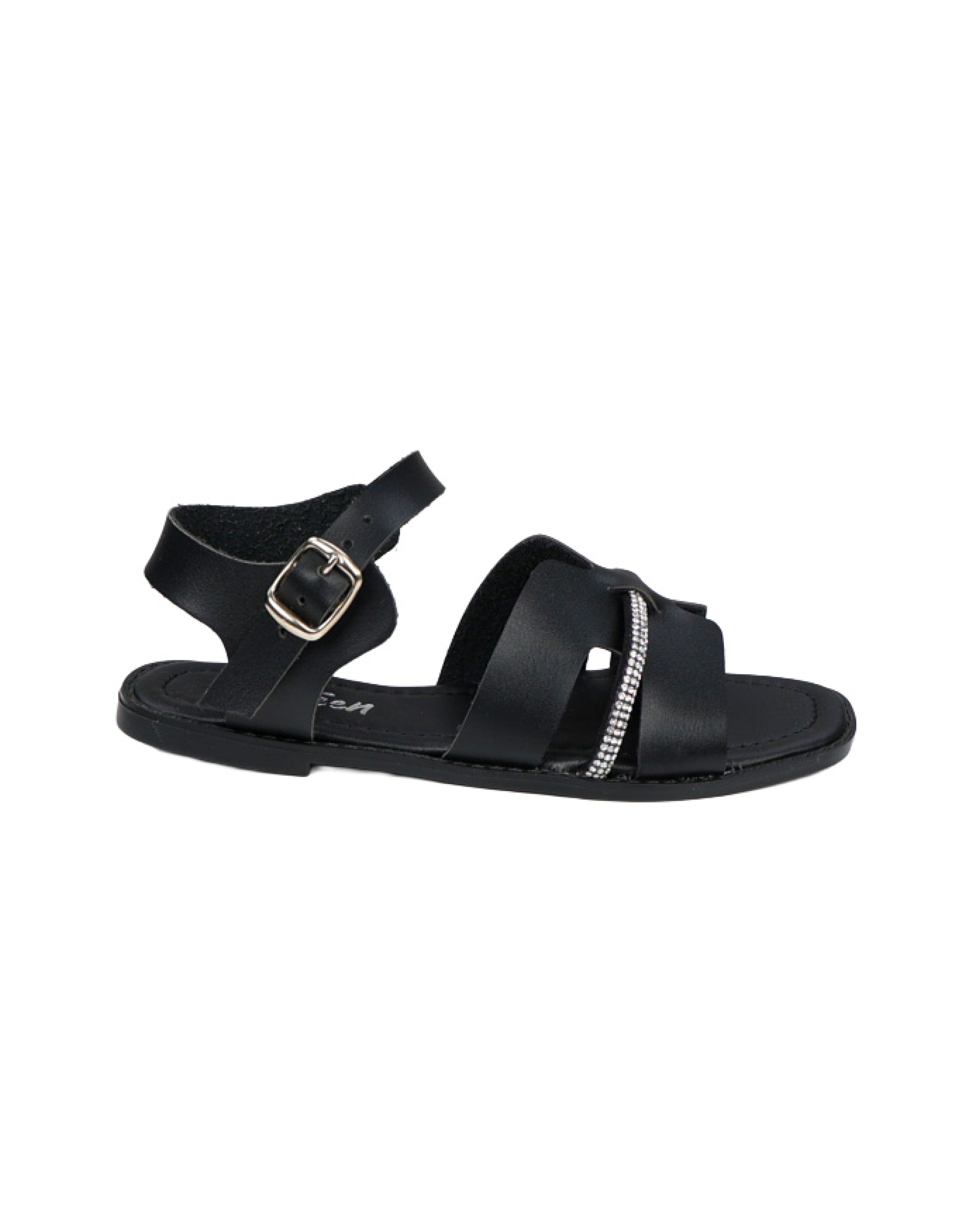 Girls Black Embellished H-Band Ankle Strap Sandal