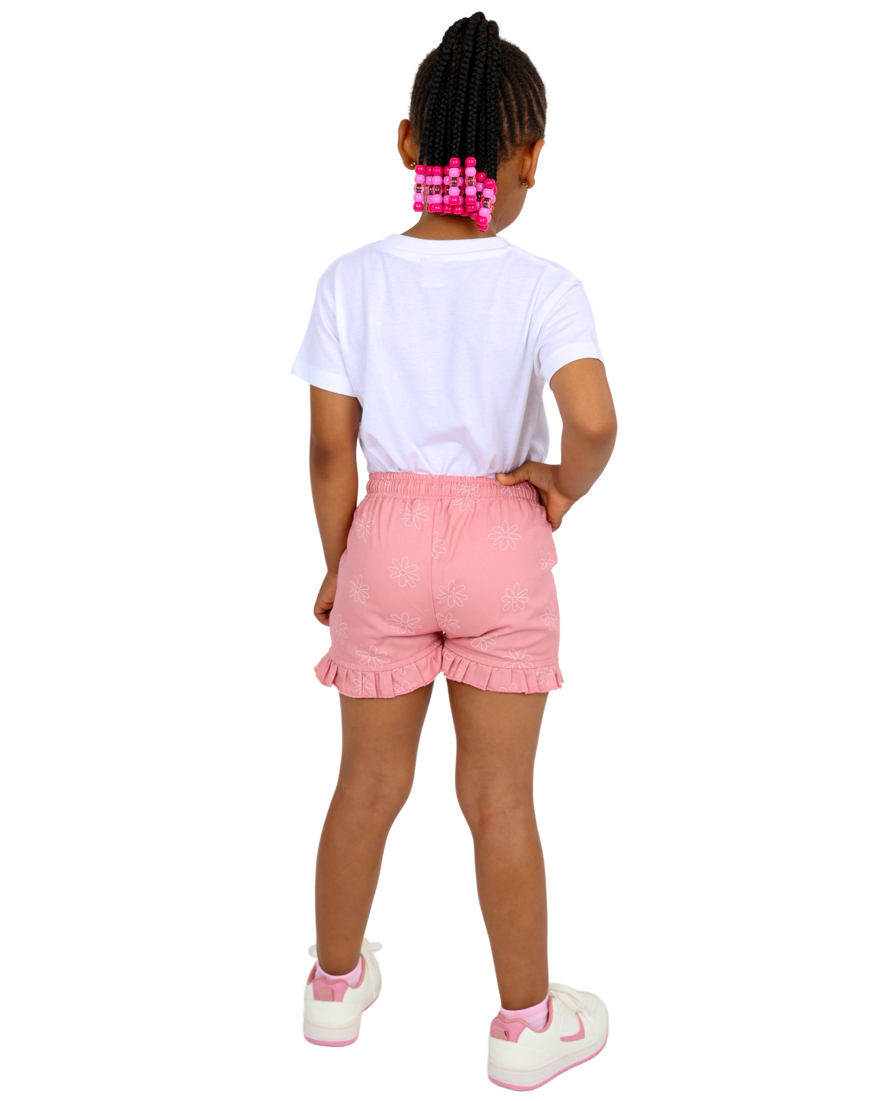 Daisy Printed Ruffle Hem Pink Shorts