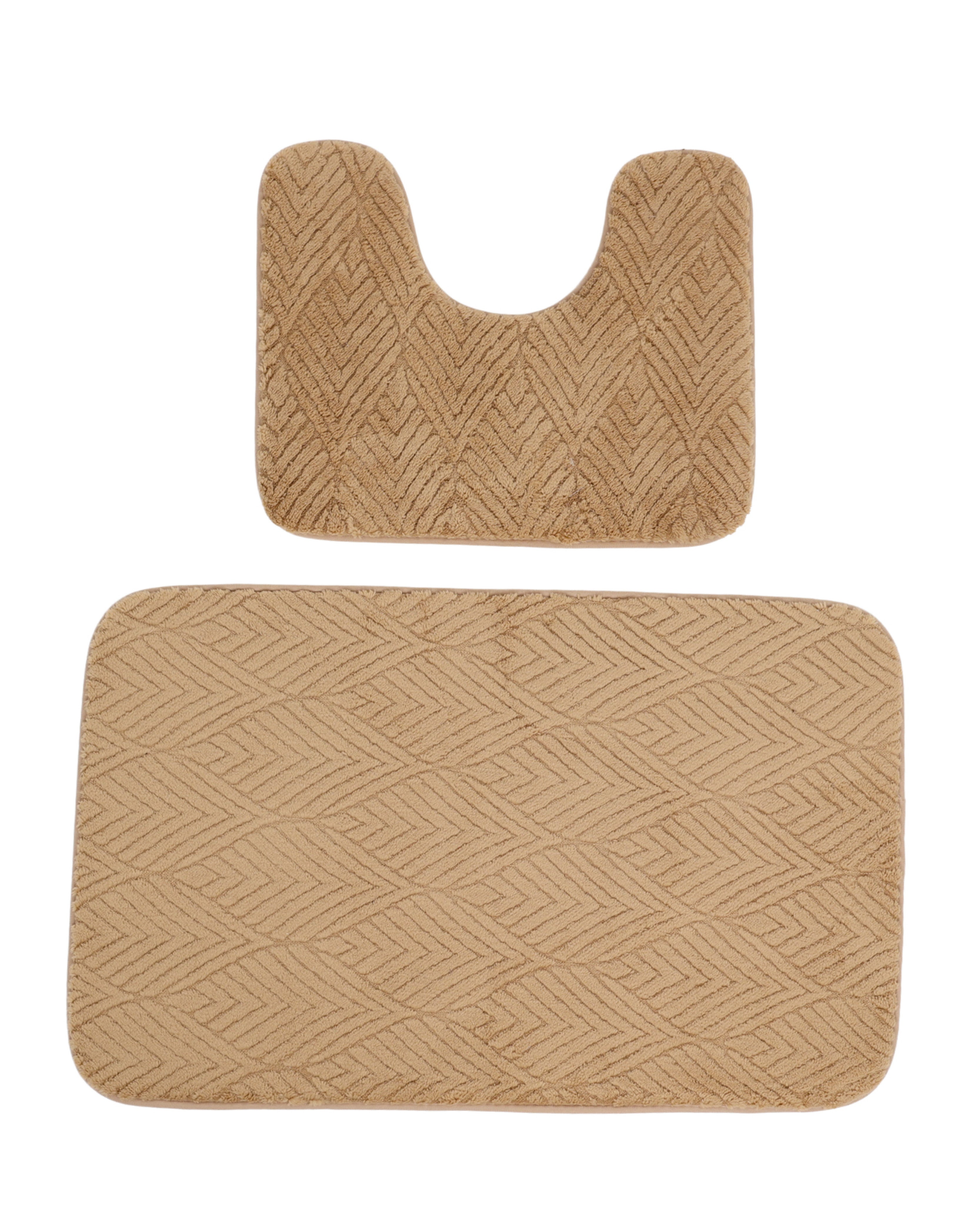2 Piece Leaf Embossed Bath & Toilet Mat Set Beige