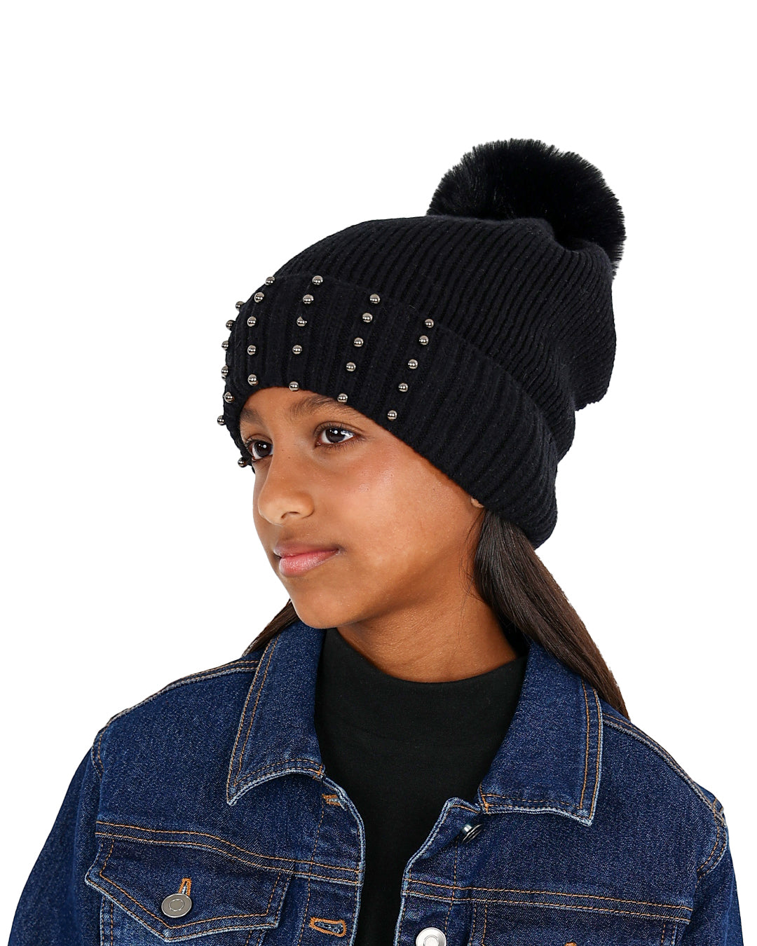 NWT Pearl black beaded Pom Pom black beanie hat FCH5318-Pearl-Cuff--2T.jpg main image 2